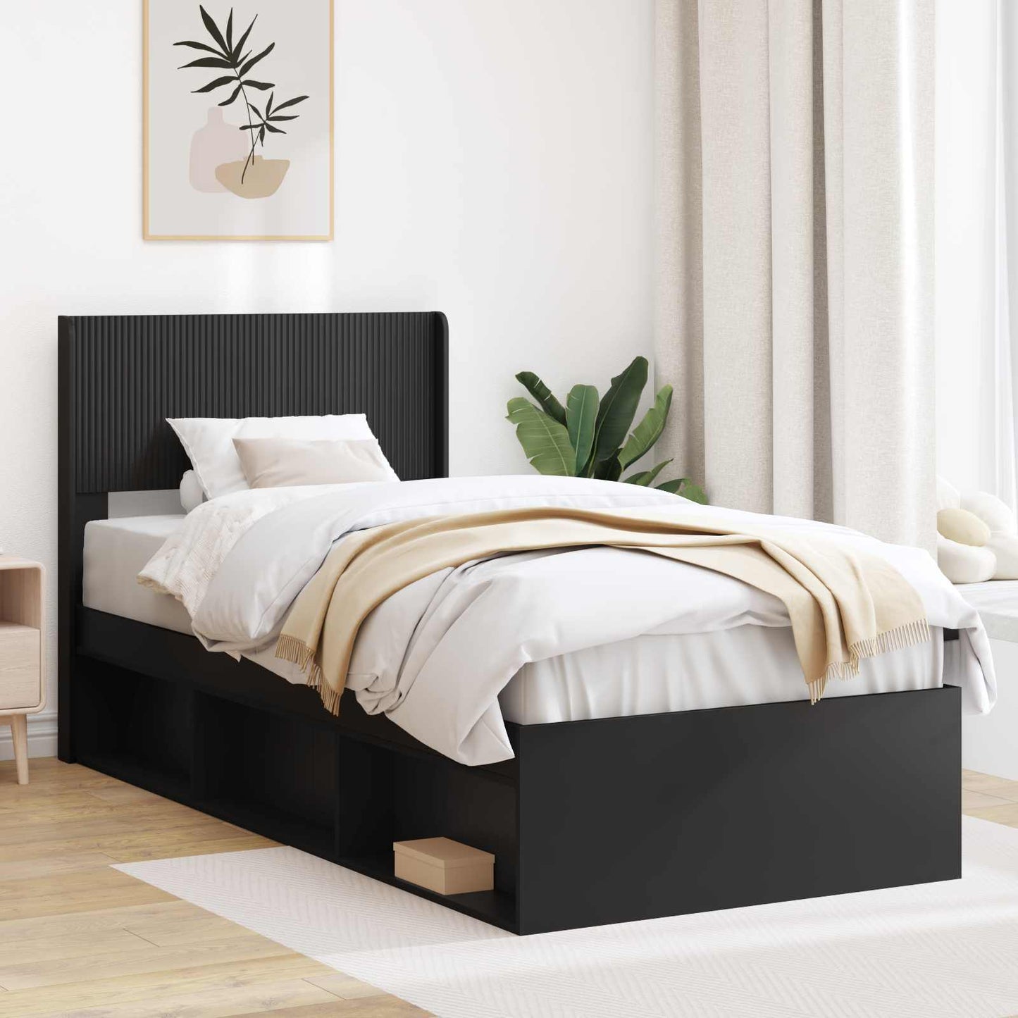 Sengramme med oppbevaring og hodegavl Svart 90 x 200 cm