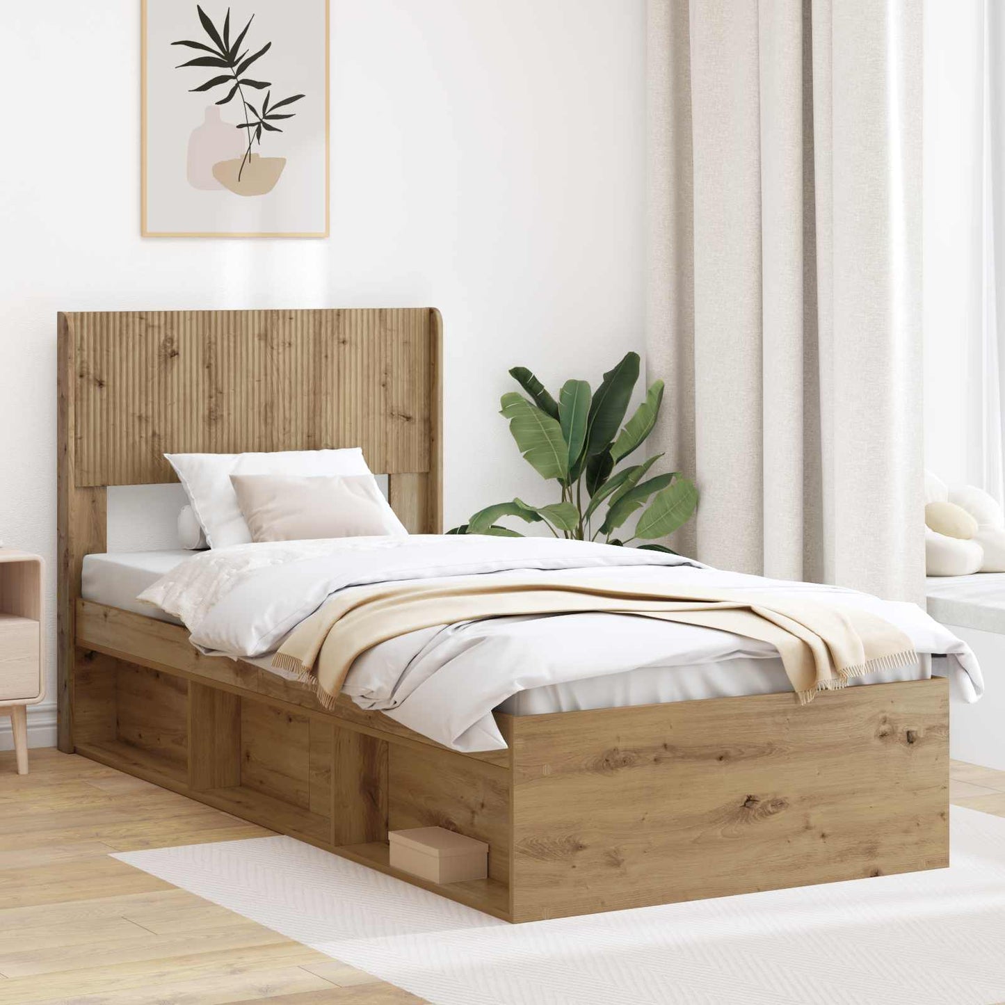 Sengramme med oppbevaring og hodegavl Artisan eik 75 x 190 cm