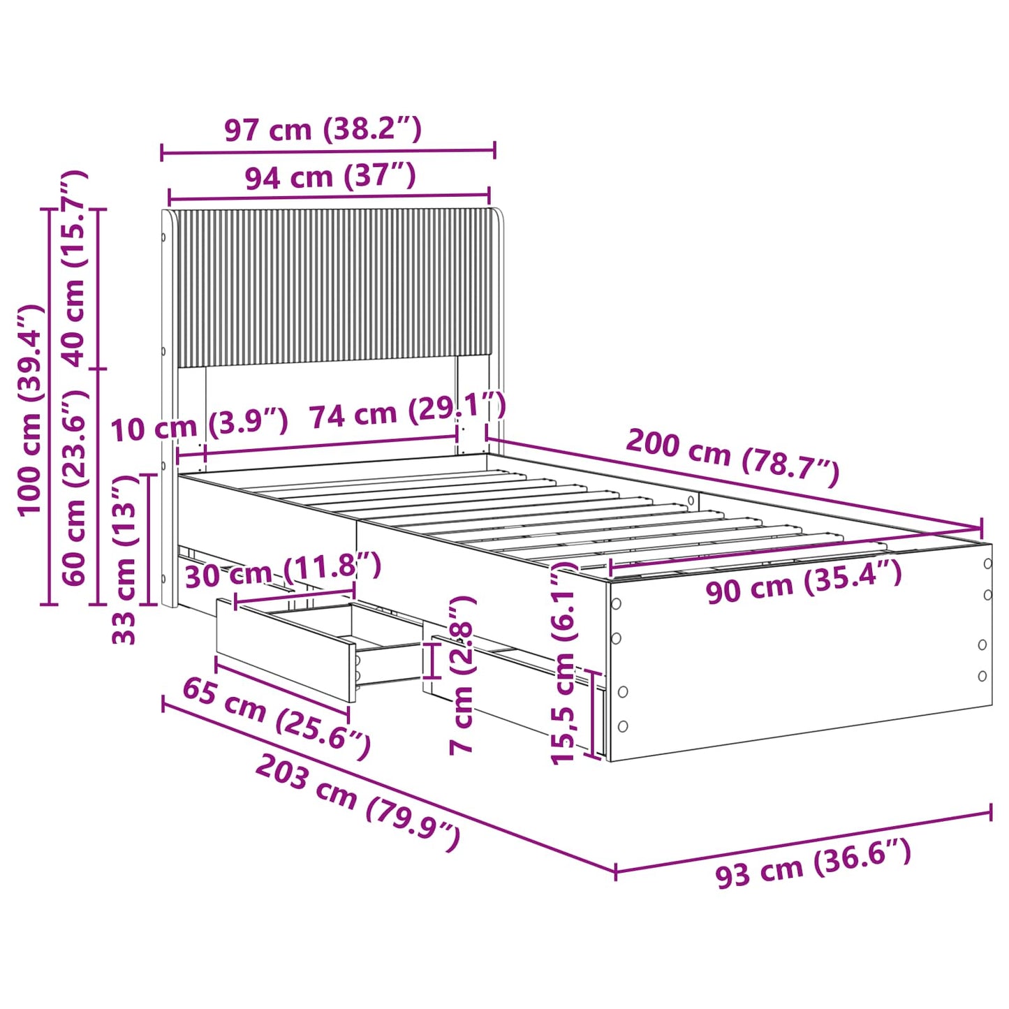 Sengramme med oppbevaring og hodegavl Betonggrå 90 x 200 cm