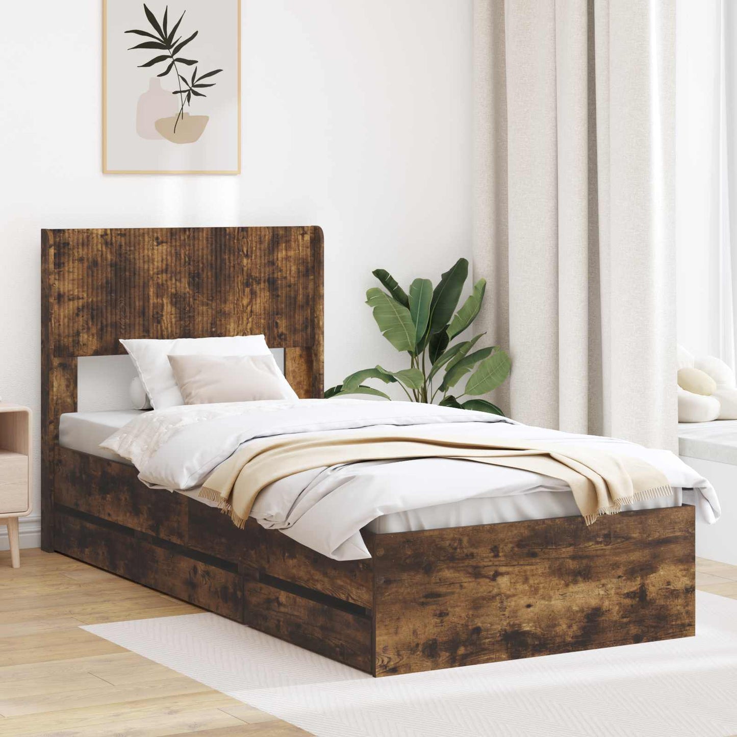 Sengramme med oppbevaring og hodegavl Røkt Eik 90 x 190 cm