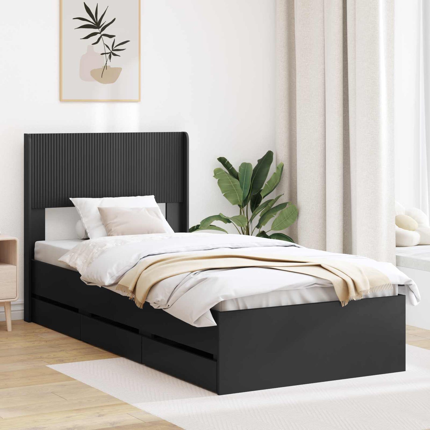 Sengramme med oppbevaring og hodegavl Svart 75 x 190 cm