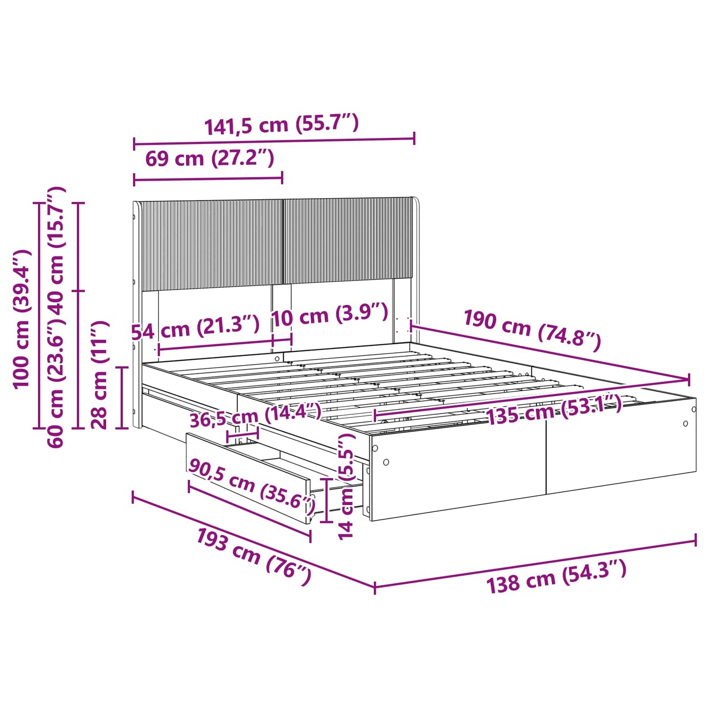 Sengramme med oppbevaring og hodegavl Røkt Eik 135 x 190 cm
