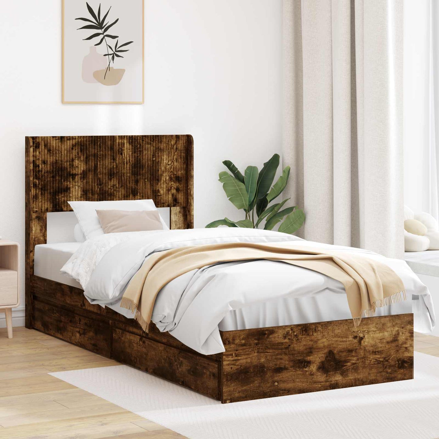 Sengramme med oppbevaring og hodegavl Røkt Eik 100 x 200 cm