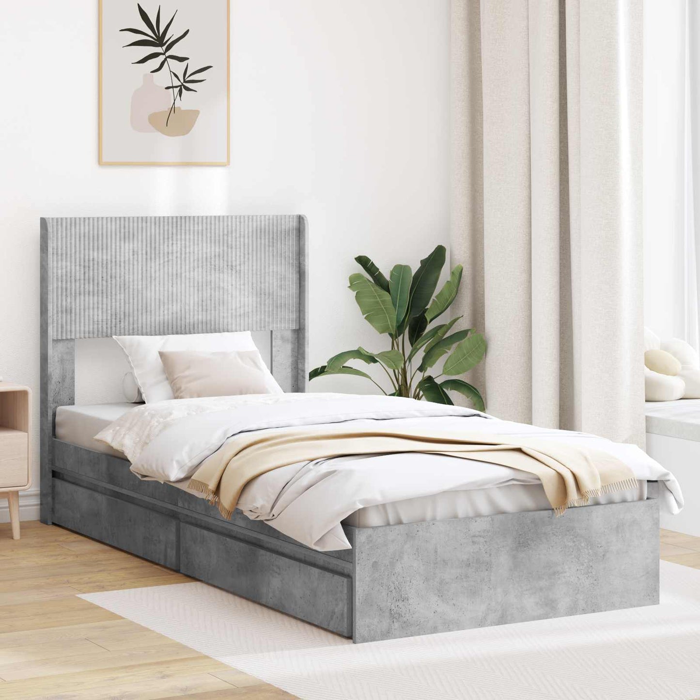 Sengramme med oppbevaring og hodegavl Betonggrå 75 x 190 cm