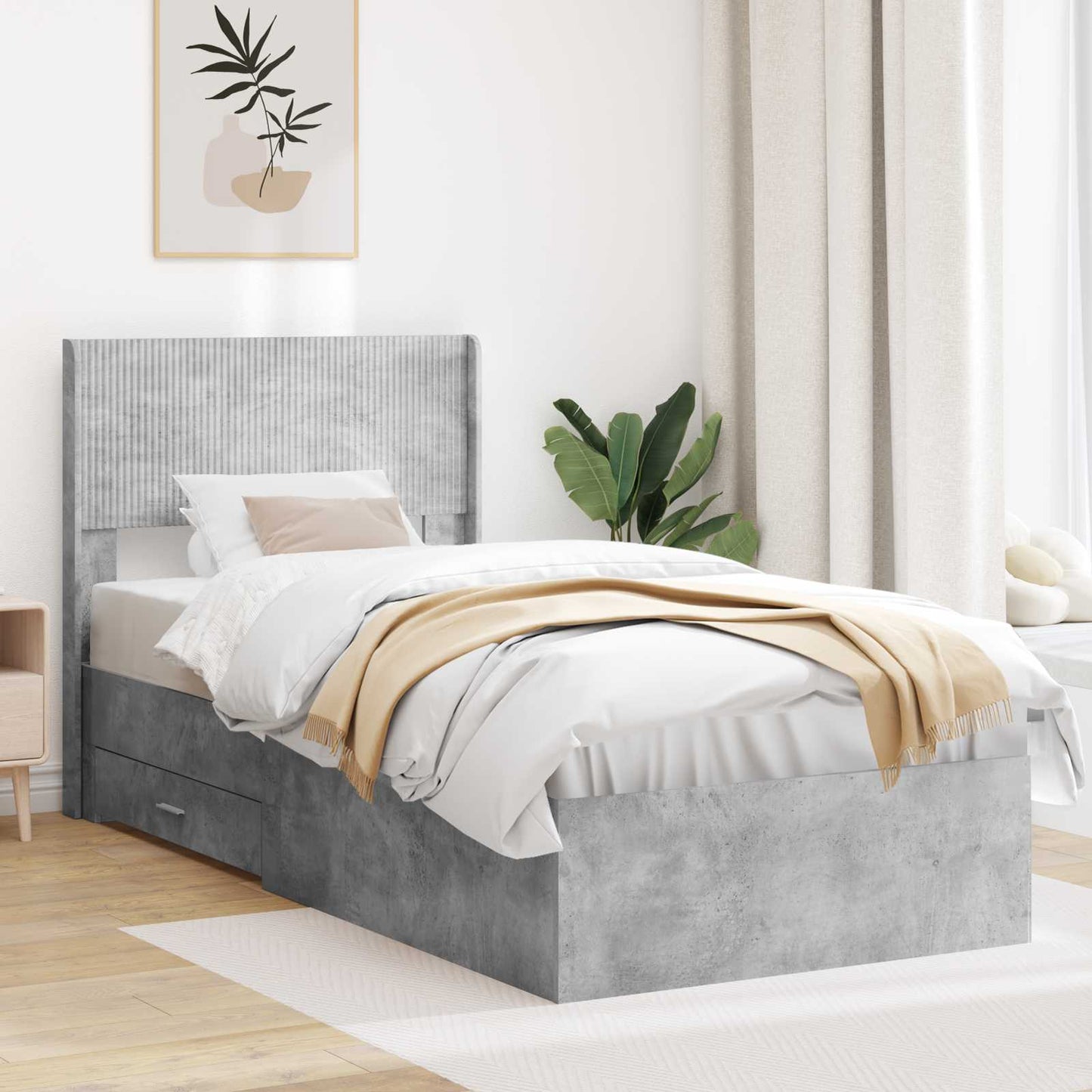 Sengramme med oppbevaring og hodegavl Betonggrå 100 x 200 cm