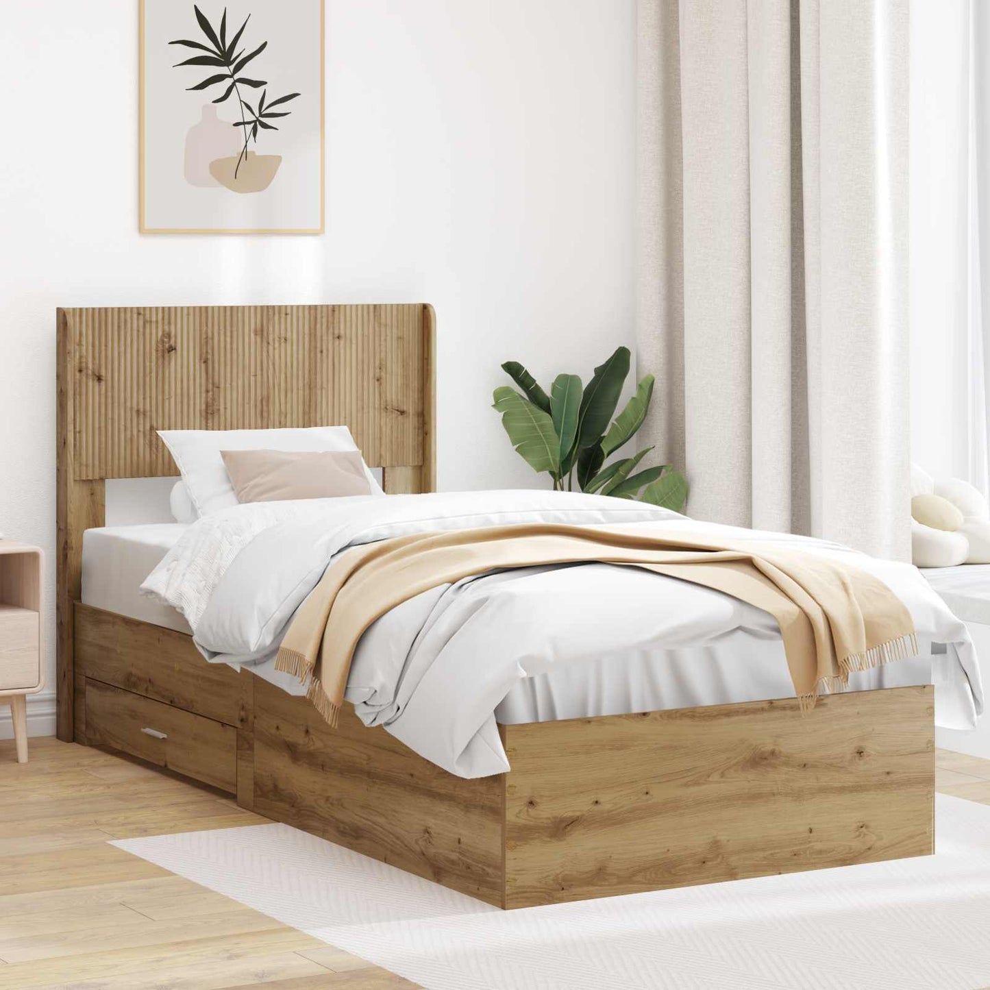 Sengramme med oppbevaring og hodegavl Artisan eik 100 x 200 cm