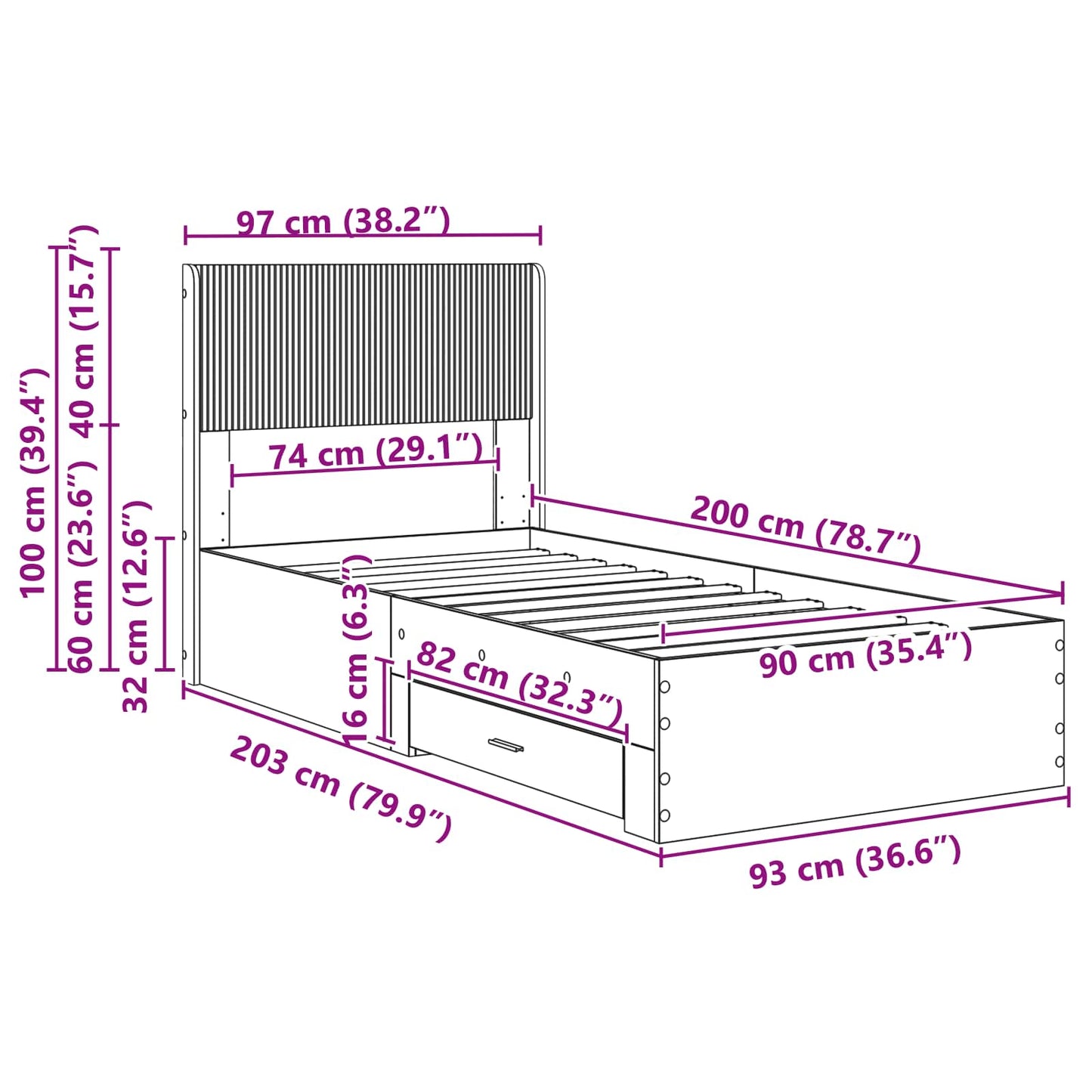Sengramme med oppbevaring og hodegavl Betonggrå 90 x 200 cm