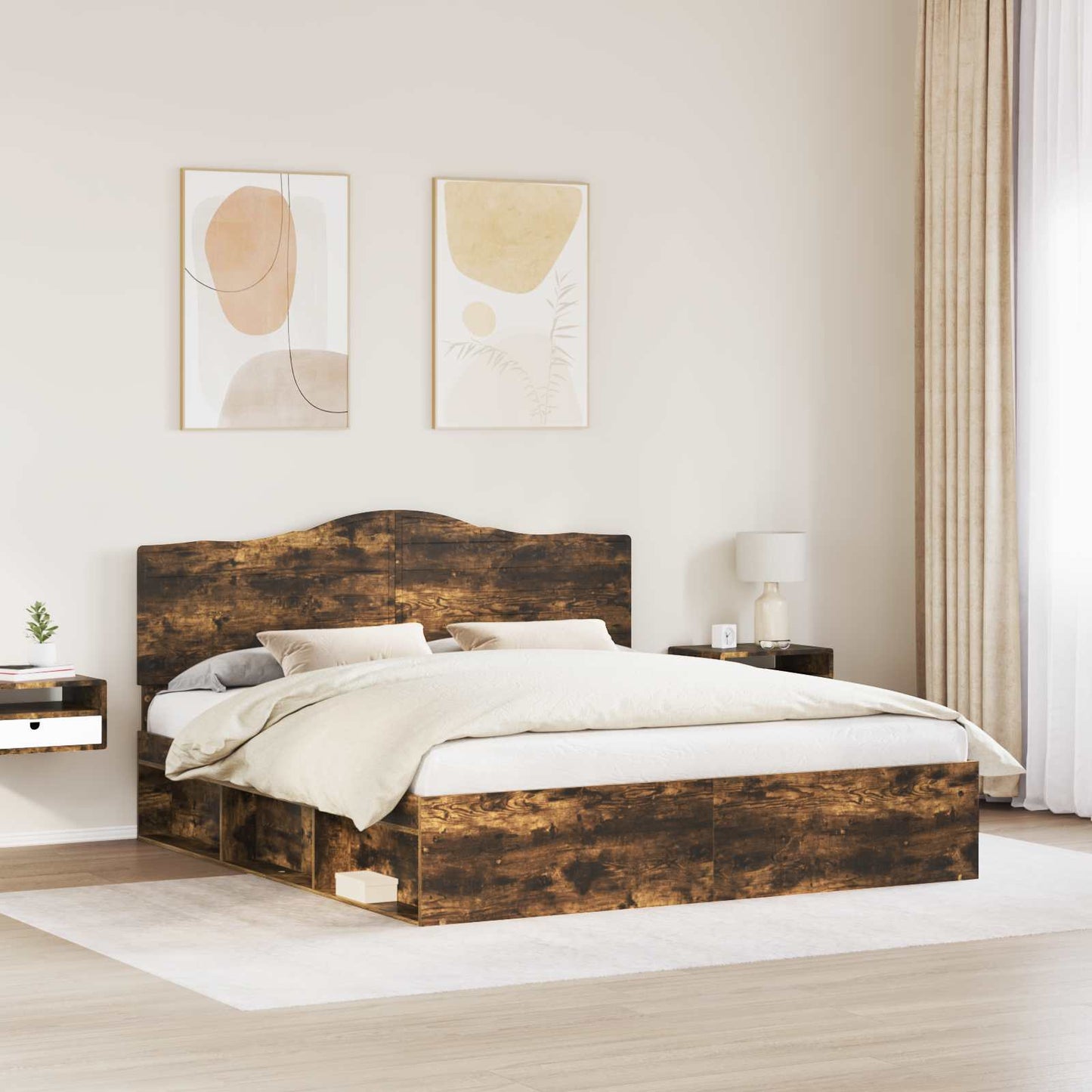 Sengestamme med hodegjerde Røkt eik 200 x 200 cm Massiv furu