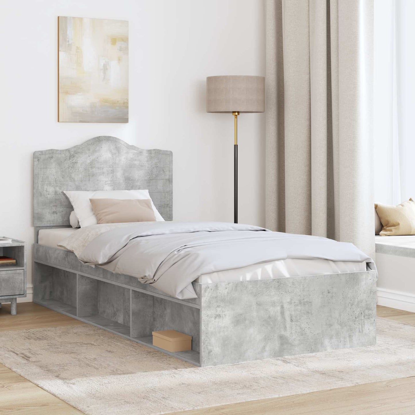 Sengestamme med hodegjerde Betonggrå 100 x 200 cm Massiv furu