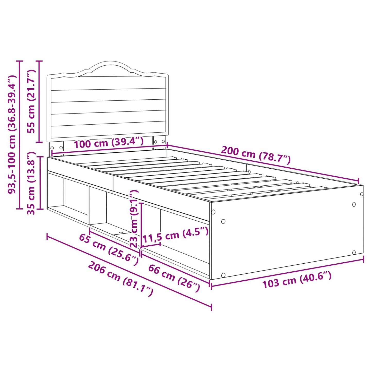 Sengestamme med hodegjerde Betonggrå 100 x 200 cm Massiv furu