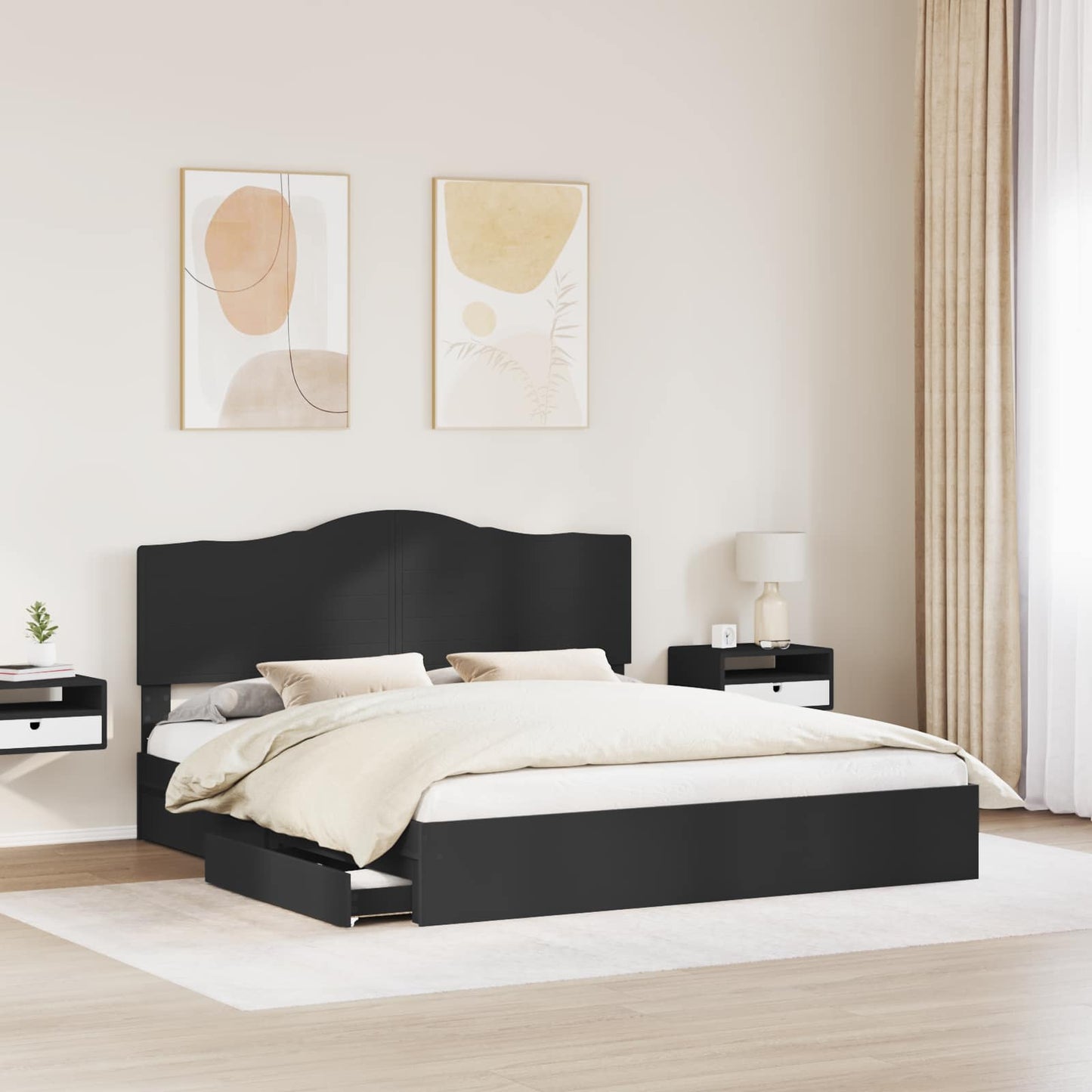 Seng med Oppbevaring Svart 200 x 200 cm Konstruert tre