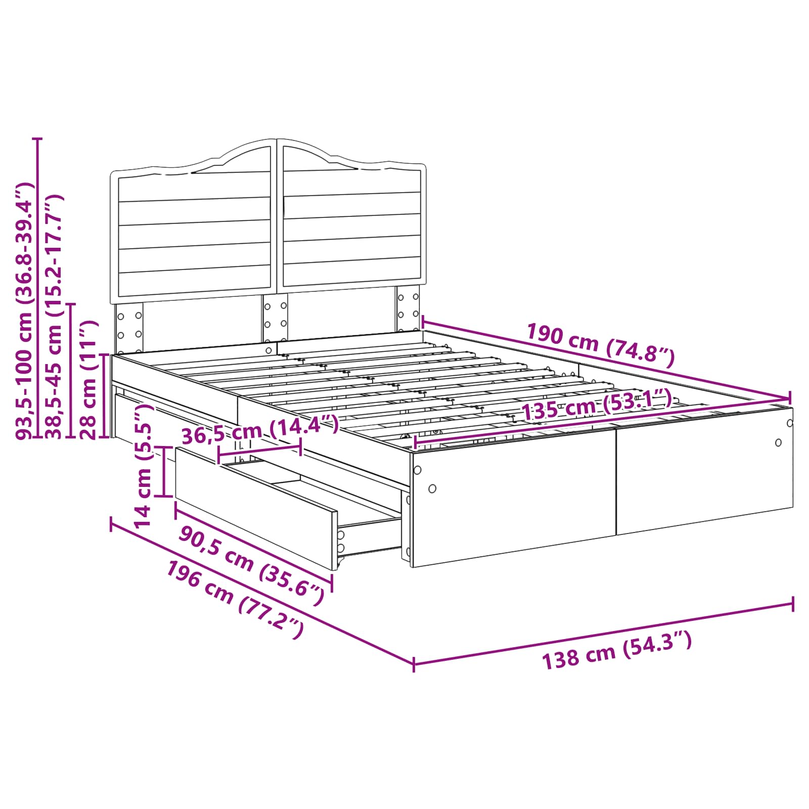 Seng med Oppbevaring Svart 135 x 190 cm Konstruert tre