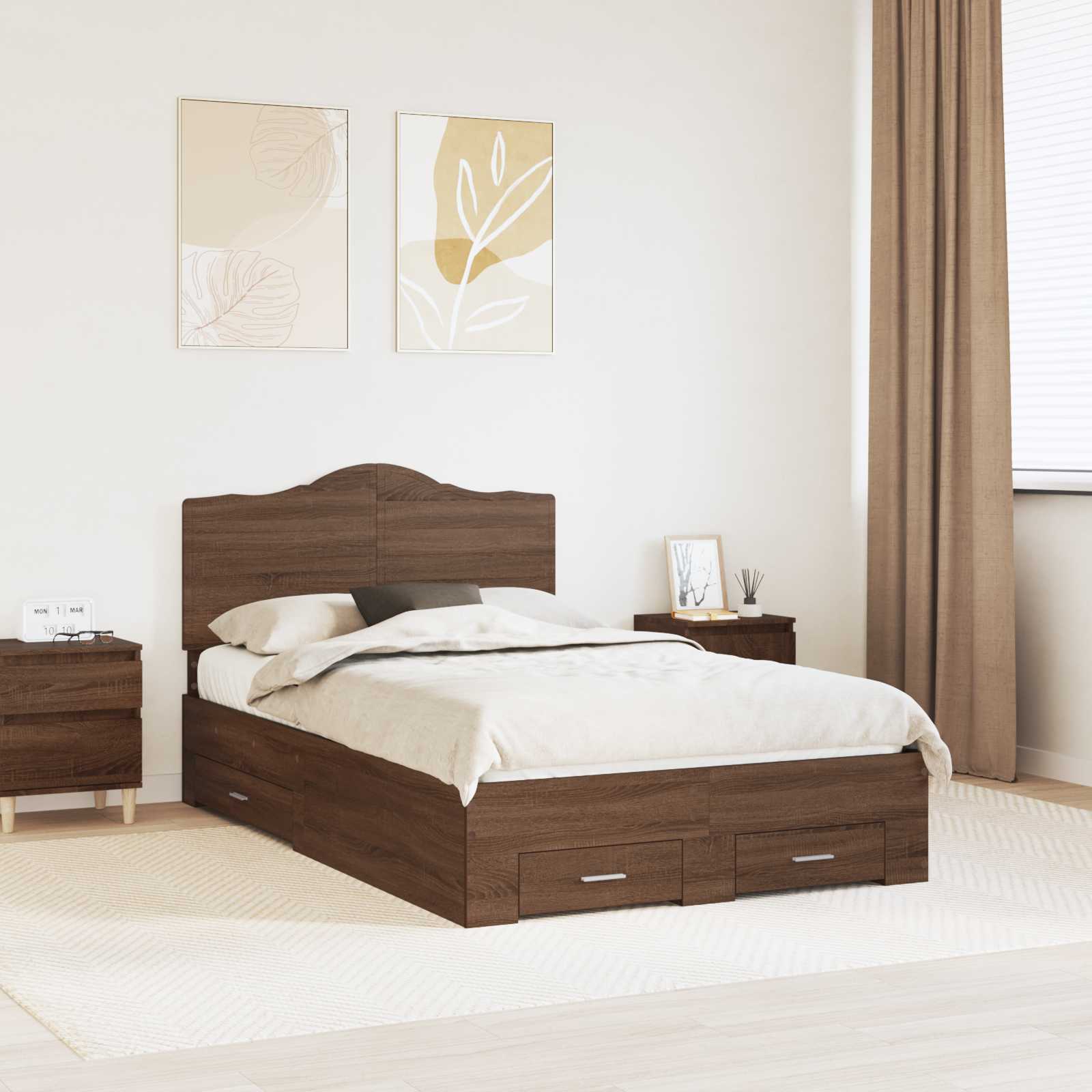 Sengestamme med hodegjerde Brun Eik 135 x 190 cm Konstruert tre