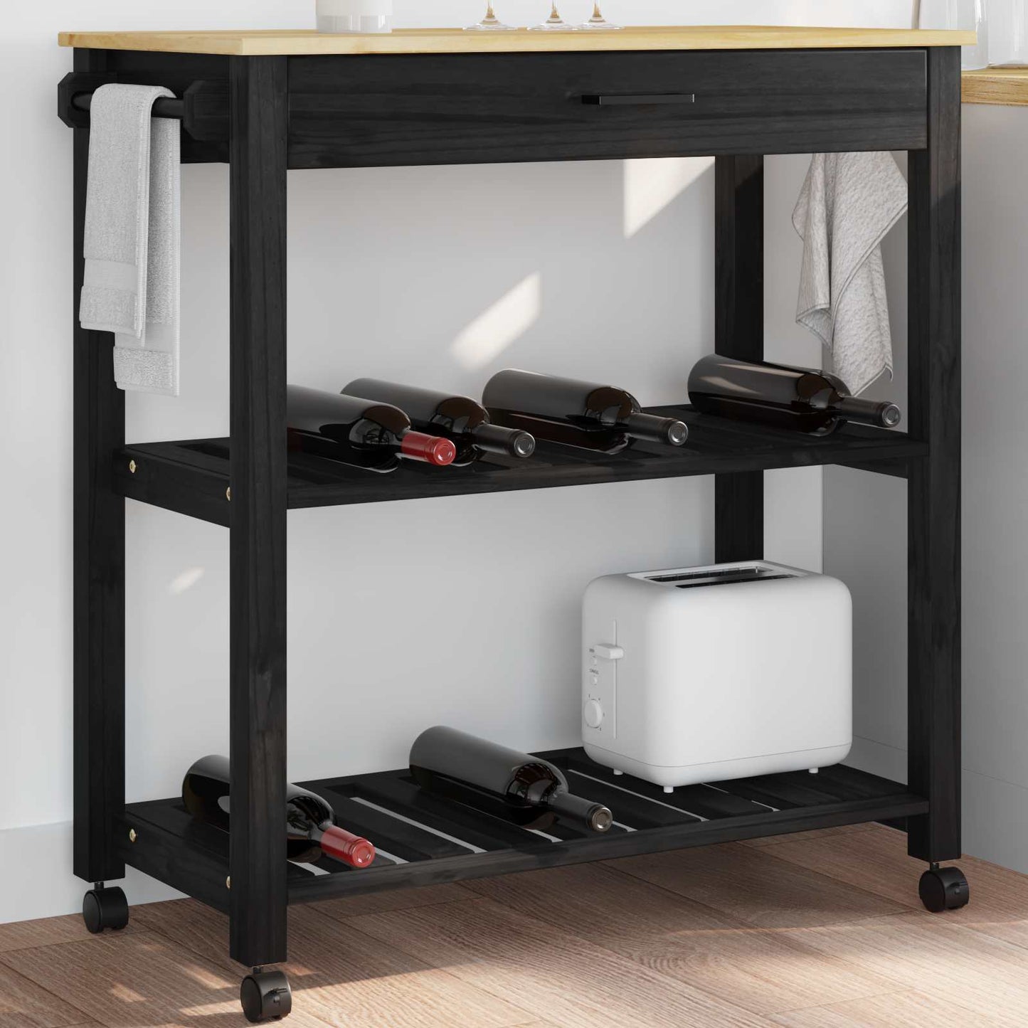 Kjøkkenvogn MONZA Svart 84 x 40 x 88,5 cm Massiv furu