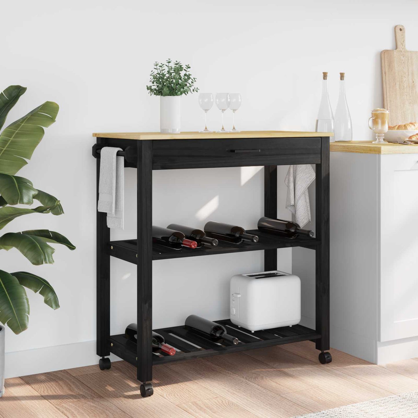 Kjøkkenvogn MONZA Svart 84 x 40 x 88,5 cm Massiv furu