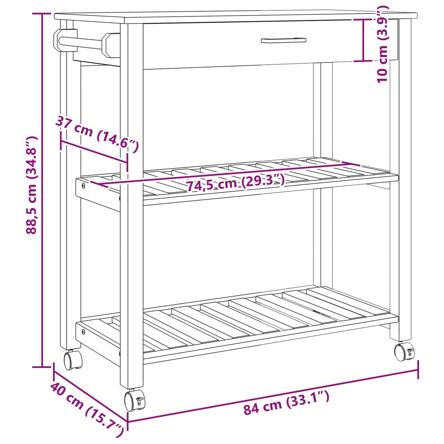 Kjøkkenvogn MONZA Svart 84 x 40 x 88,5 cm Massiv furu