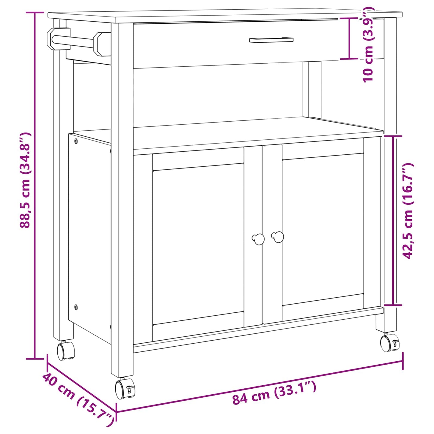 Kjøkkenvogn MONZA Svart 84 x 40 x 88,5 cm Massiv furu