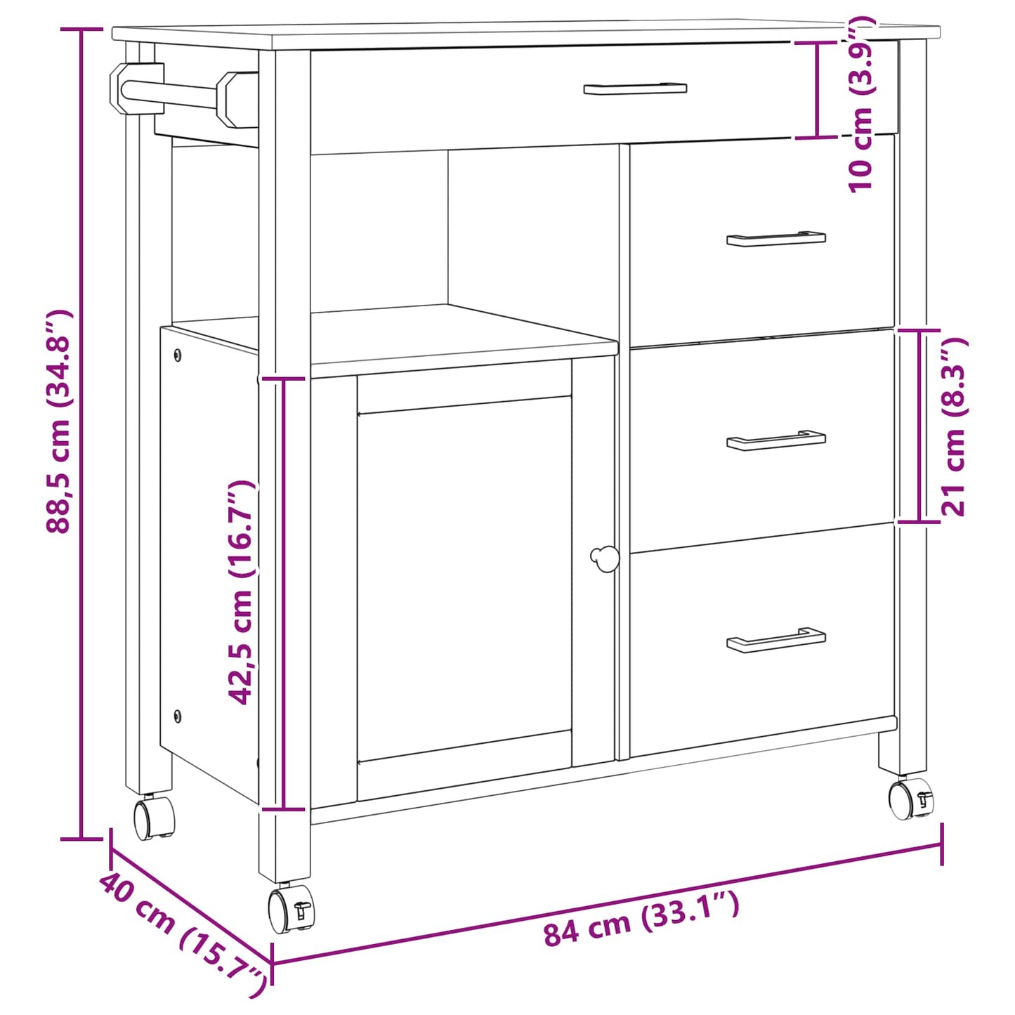 Kjøkkenvogn MONZA Svart 84 x 40 x 88,5 cm Massiv furu