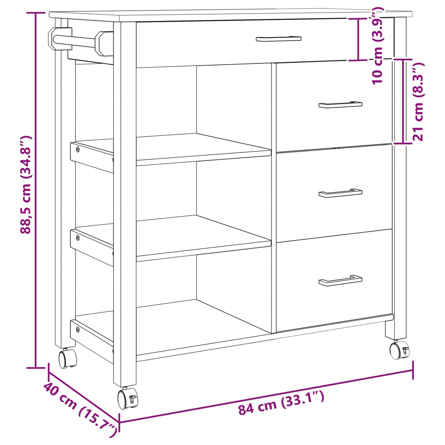 Kjøkkenvogn MONZA Svart 84 x 40 x 88,5 cm Massiv furu
