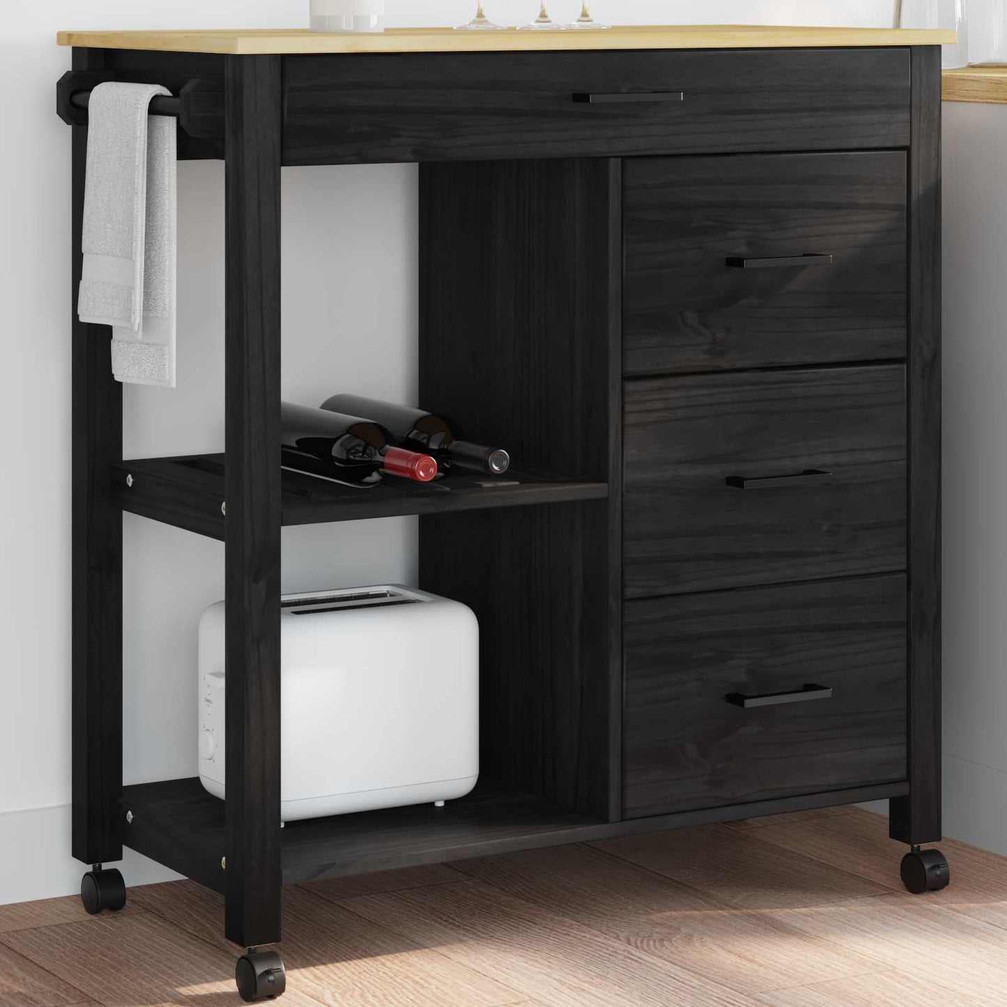 Kjøkkenvogn MONZA Svart 84 x 40 x 88,5 cm Massiv furu