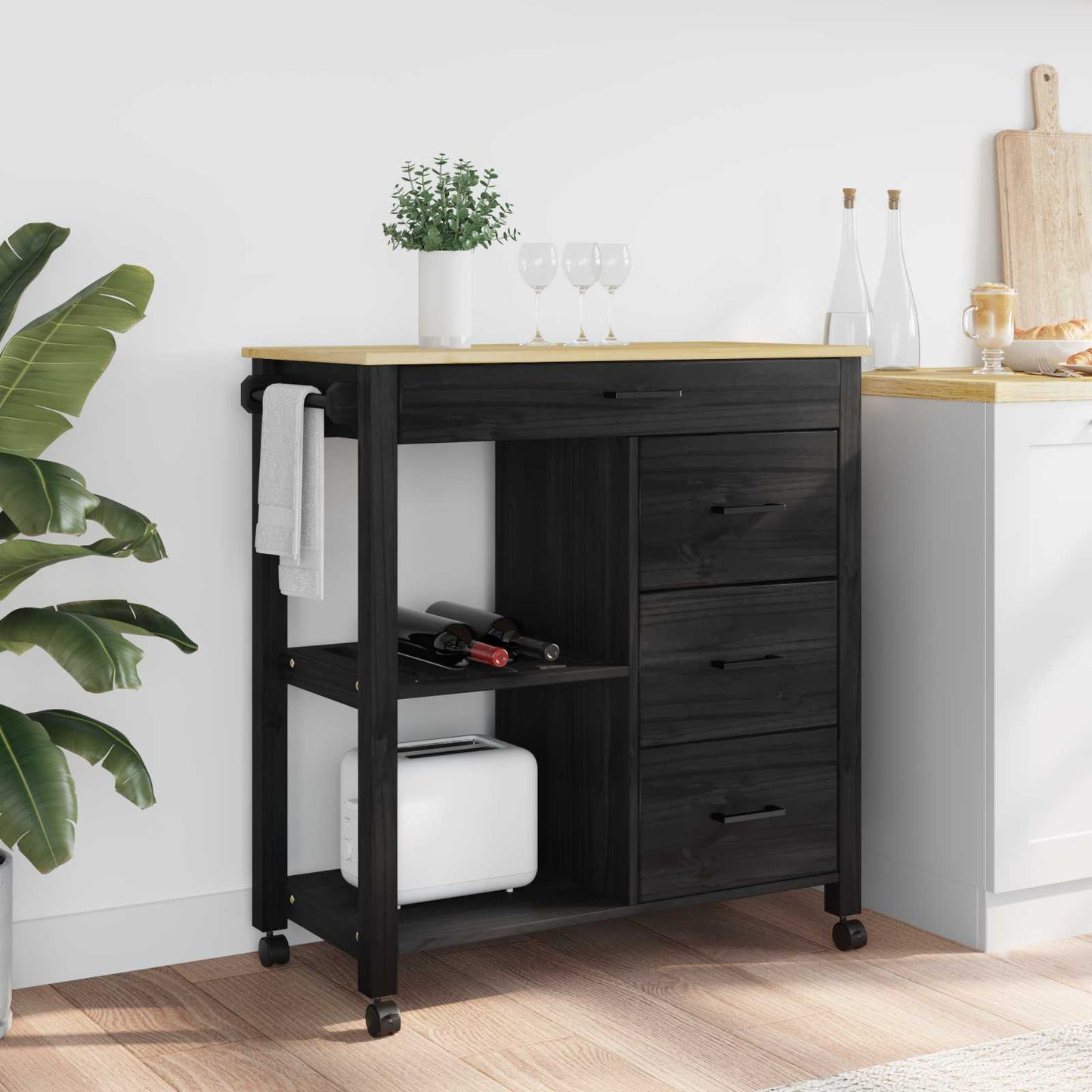 Kjøkkenvogn MONZA Svart 84 x 40 x 88,5 cm Massiv furu