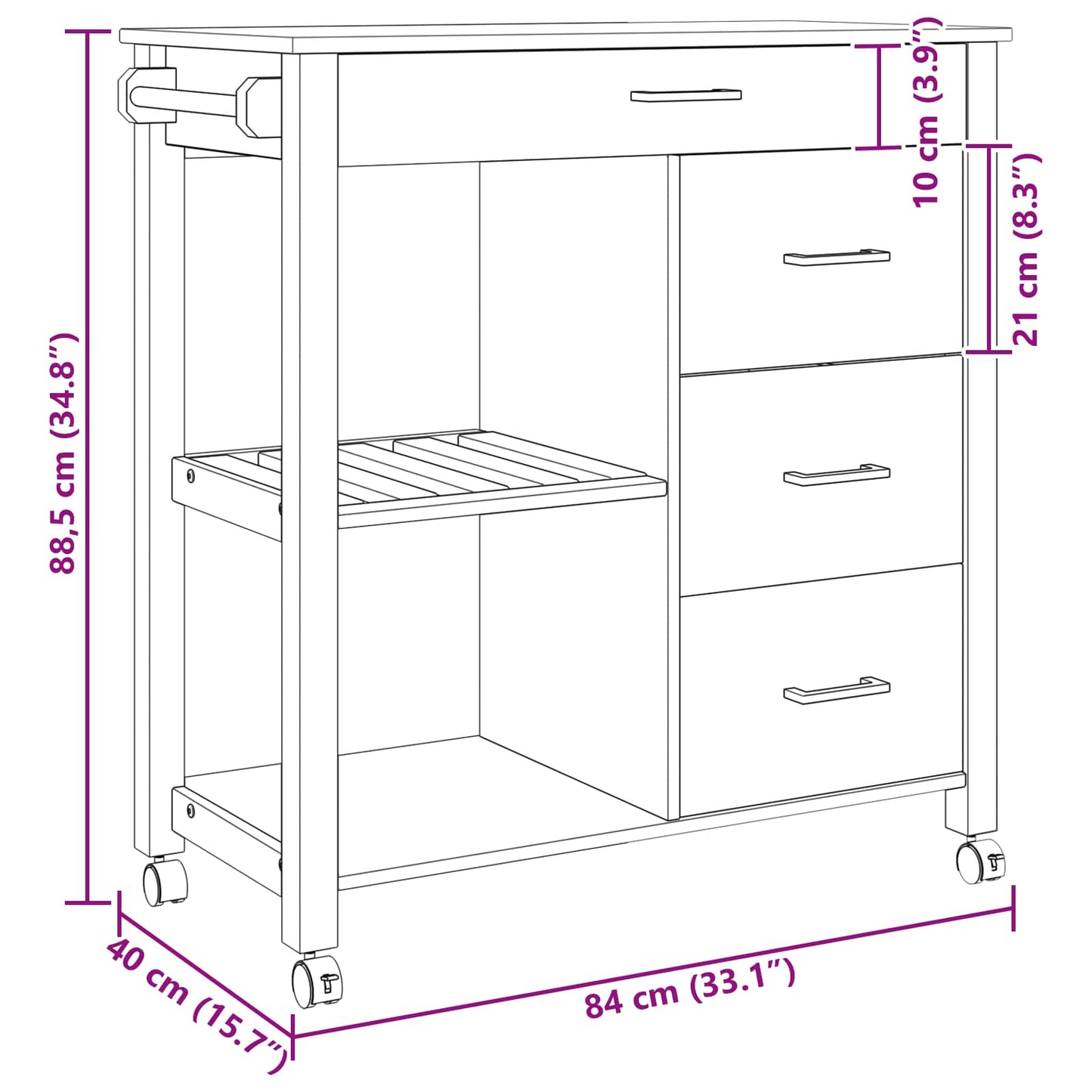 Kjøkkenvogn MONZA Svart 84 x 40 x 88,5 cm Massiv furu
