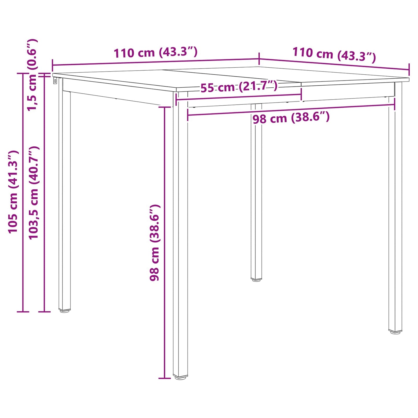 Barbord Hvit 110 x 110 x 105 cm Massiv furu