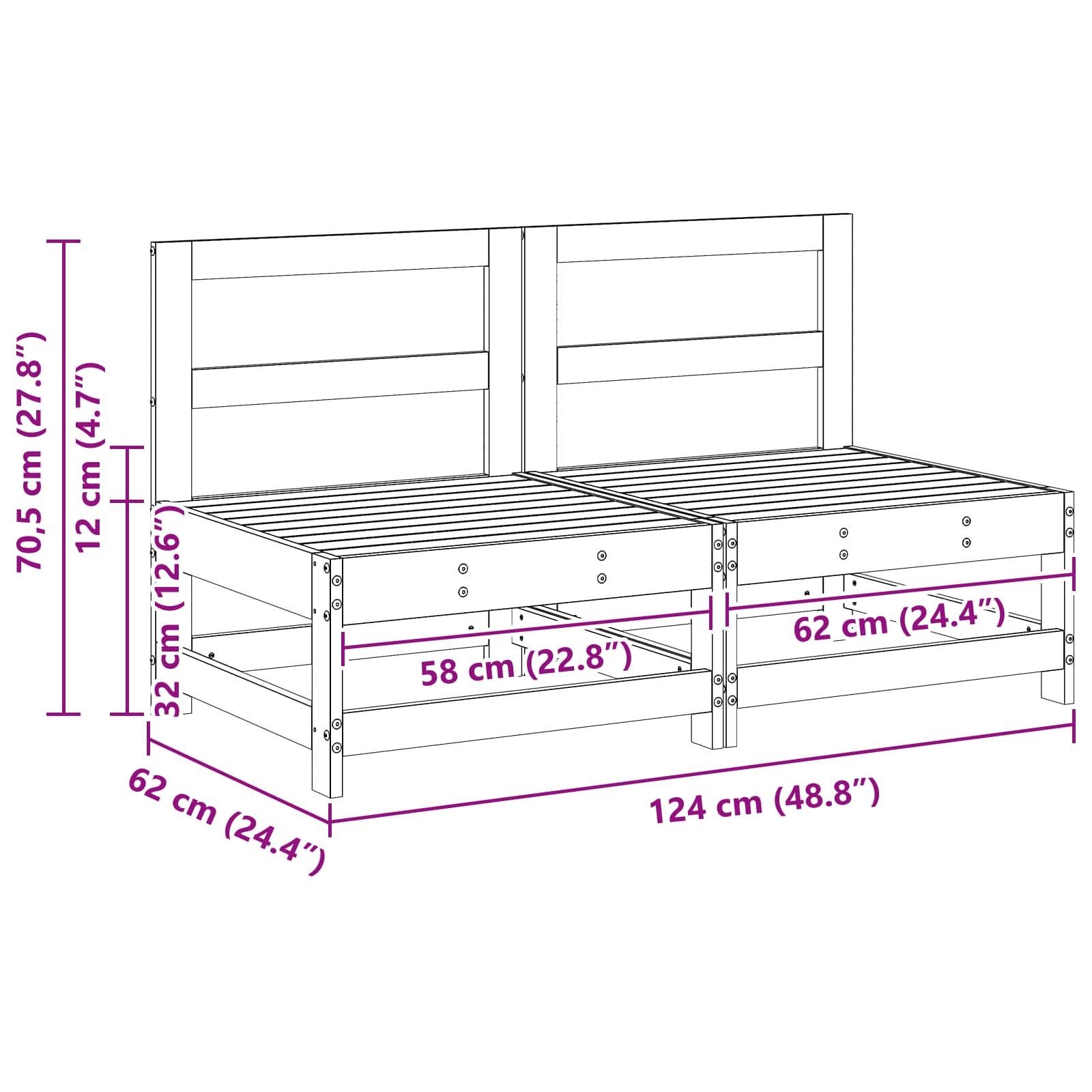 Hagemøbel Midtsofa Massiv furu VoksBrun 124 x 62 x 70,5 cm vidaXL