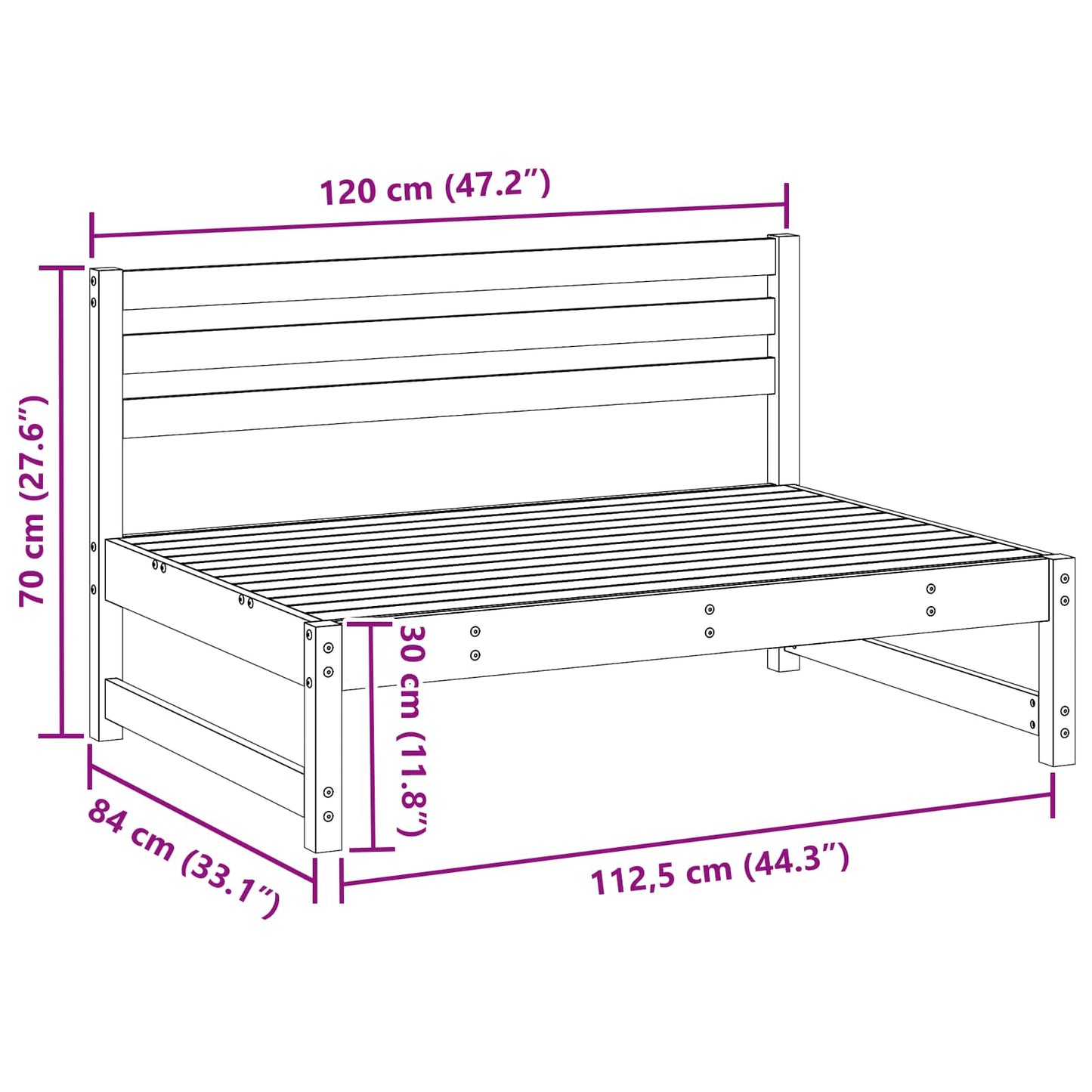 Hagemøbel Midtsofa Massiv furu VoksBrun 120 x 84 x 70 cm