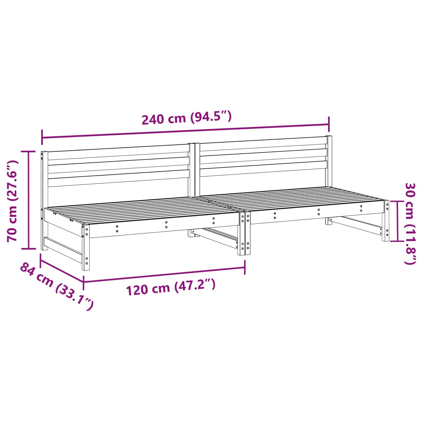 Hagemøbel Midtsofa Massiv furu VoksBrun 240 x 84 x 70 cm