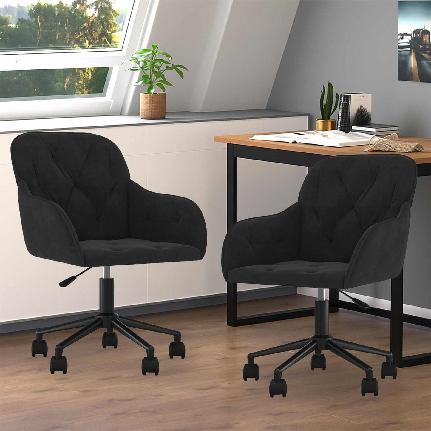 Spisestuestol med hjul 2 pcs Svart 55 x 59,5 x 77 cm Fløyel vidaXL
