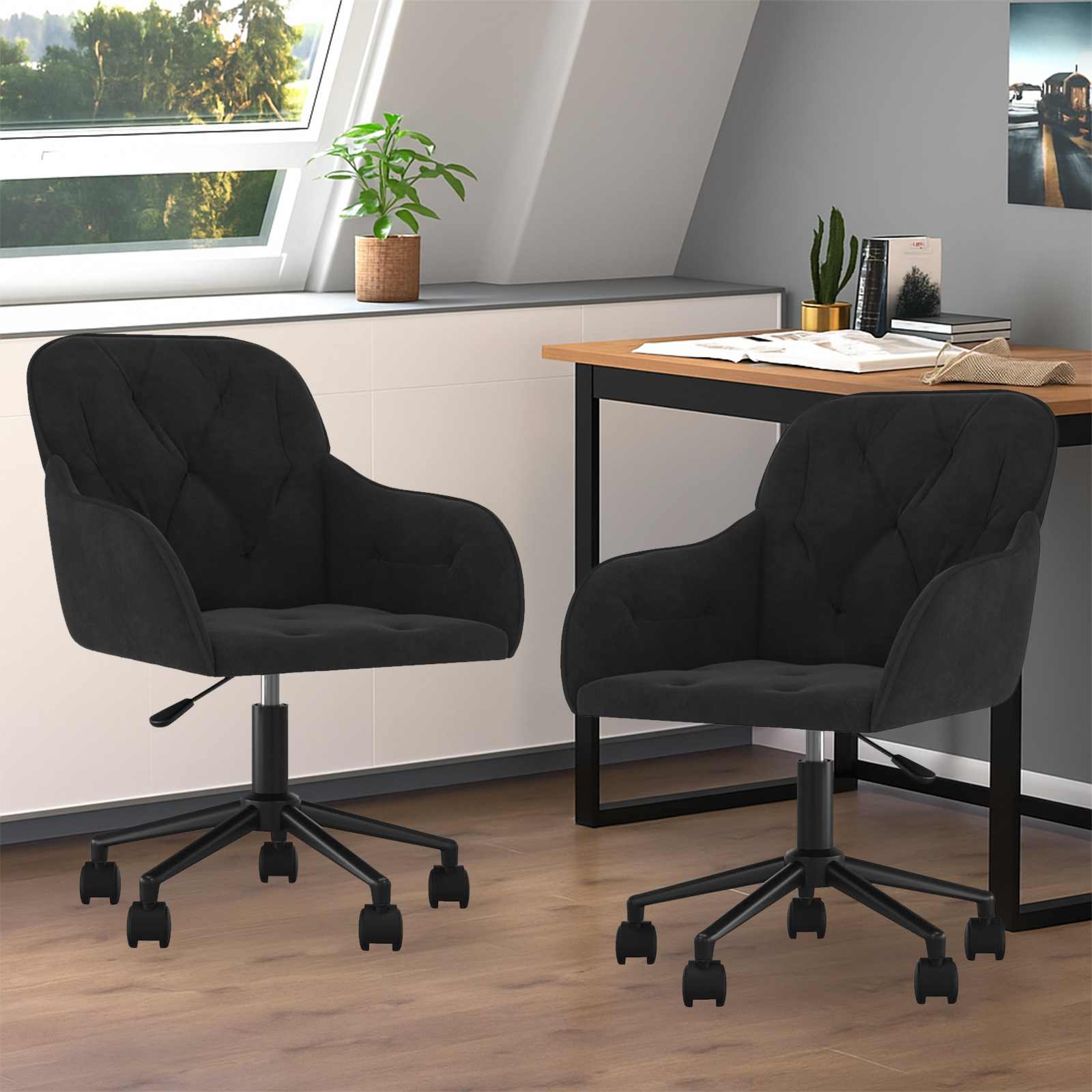 Spisestuestol med hjul 2 pcs Svart 55 x 59,5 x 77 cm Fløyel vidaXL