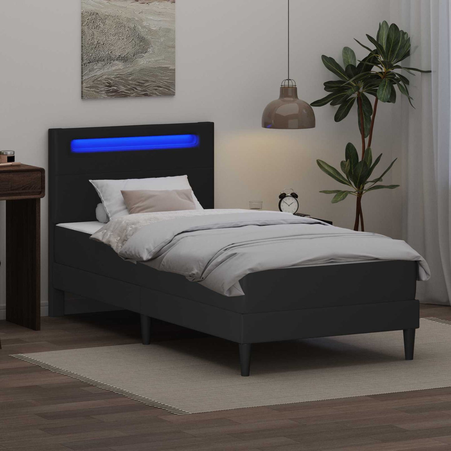 Sengestamme med LED-lysstrimler Svart 90 x 190 cm Kunstlær
