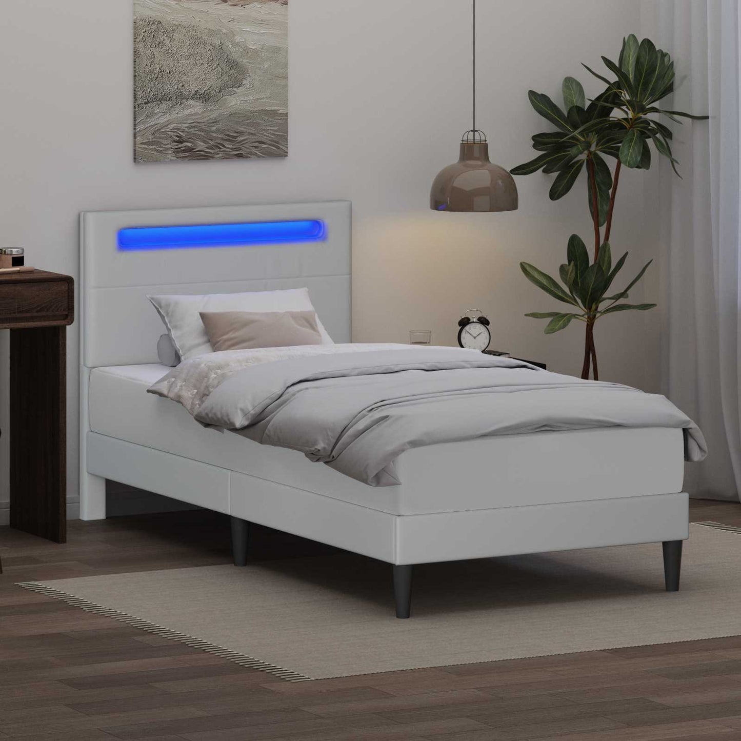 Sengestamme med LED-lysstrimler Hvit 90 x 190 cm Kunstlær