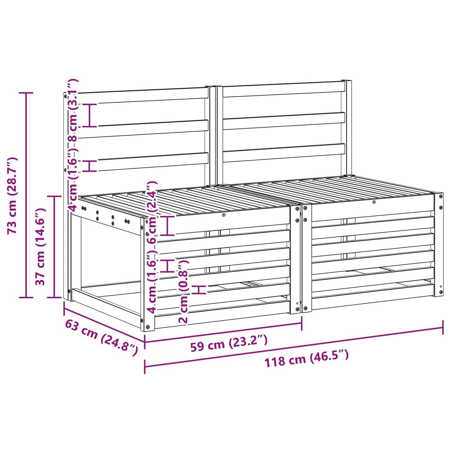 2 Stk Ute Midt Sofa Solid akasietre Hvit 118 x 63 x 73 cm