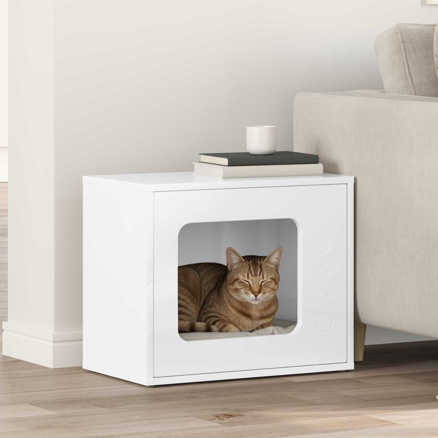 Katt Hus Glanset Hvit 51 x 30 x 42,5 cm Konstruert tre