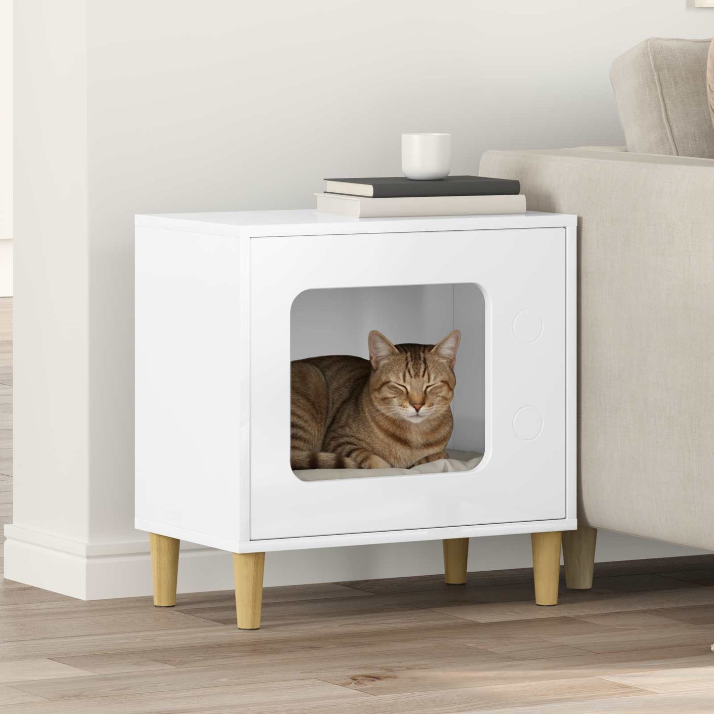 Katt Hus Glanset Hvit 51 x 30 x 52 cm Konstruert tre