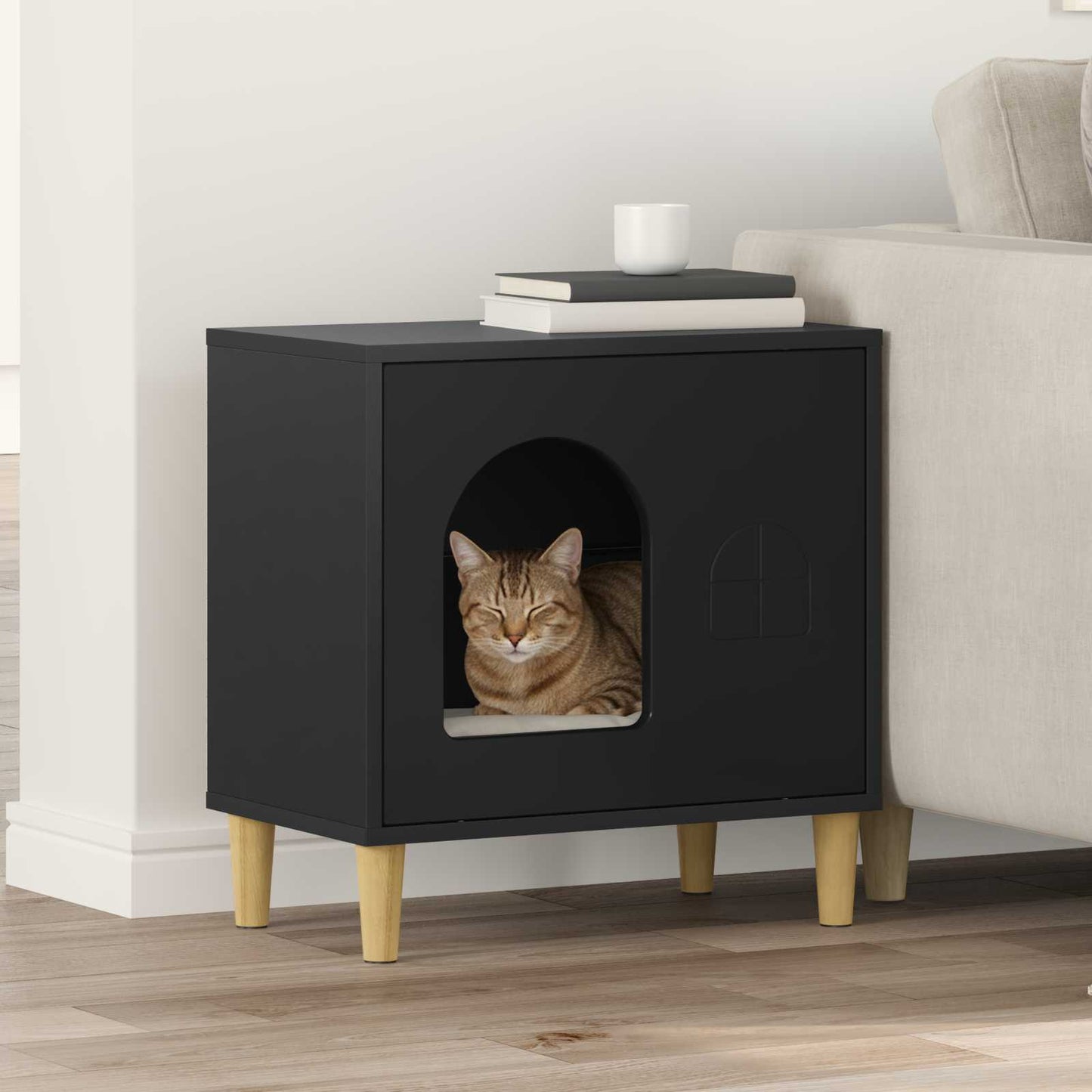 Katt Hus Svart 51 x 30 x 52 cm Konstruert tre