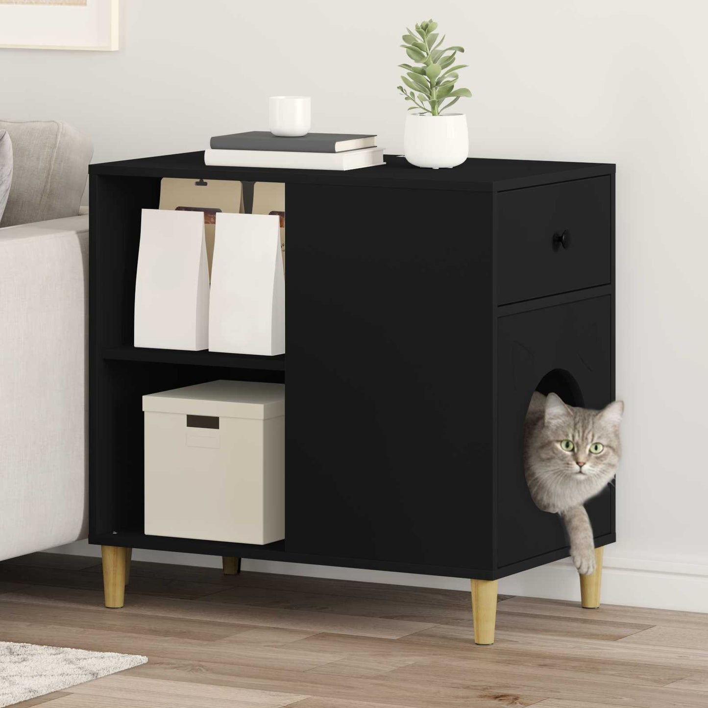Katt Hus Svart 72 x 42.5 x 70 cm Konstruert tre
