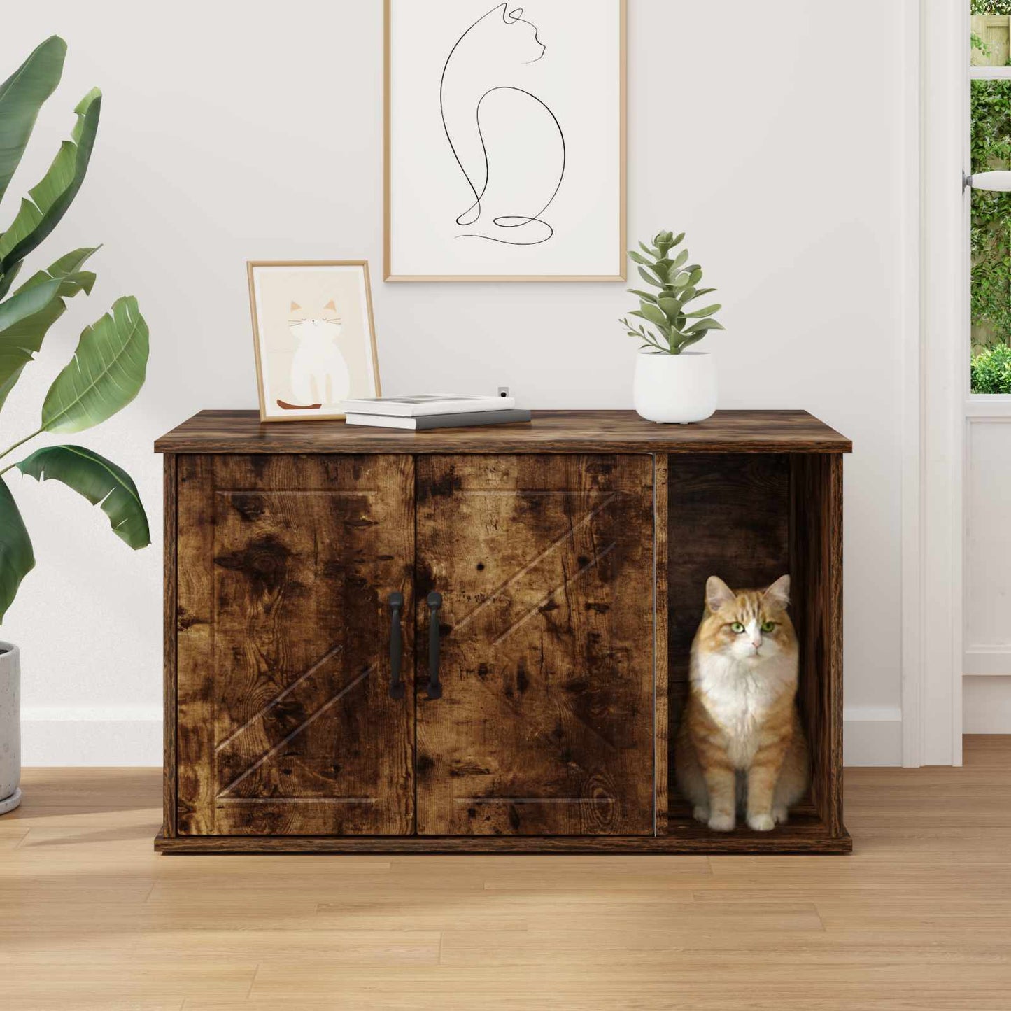 Katt Hus Røkt eik 85 x 55 x 50 cm Konstruert tre