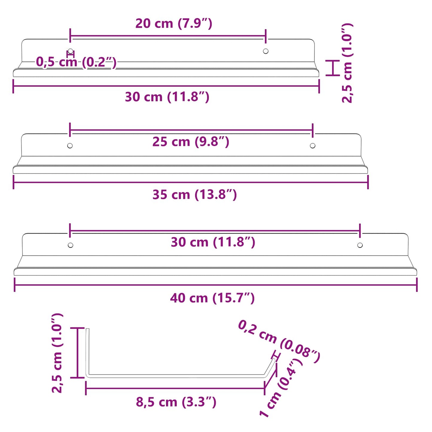 Vegghylle med hylle Veggmontert 3 pcs Hvit 40 x 9 x 2,5 cm vidaXL