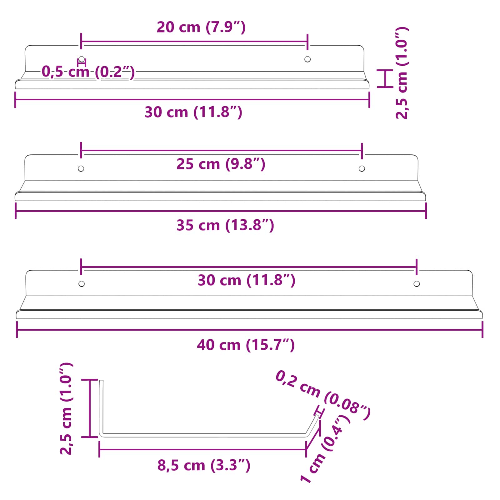Vegghylle med hylle Veggmontert 3 pcs Hvit 40 x 9 x 2,5 cm vidaXL
