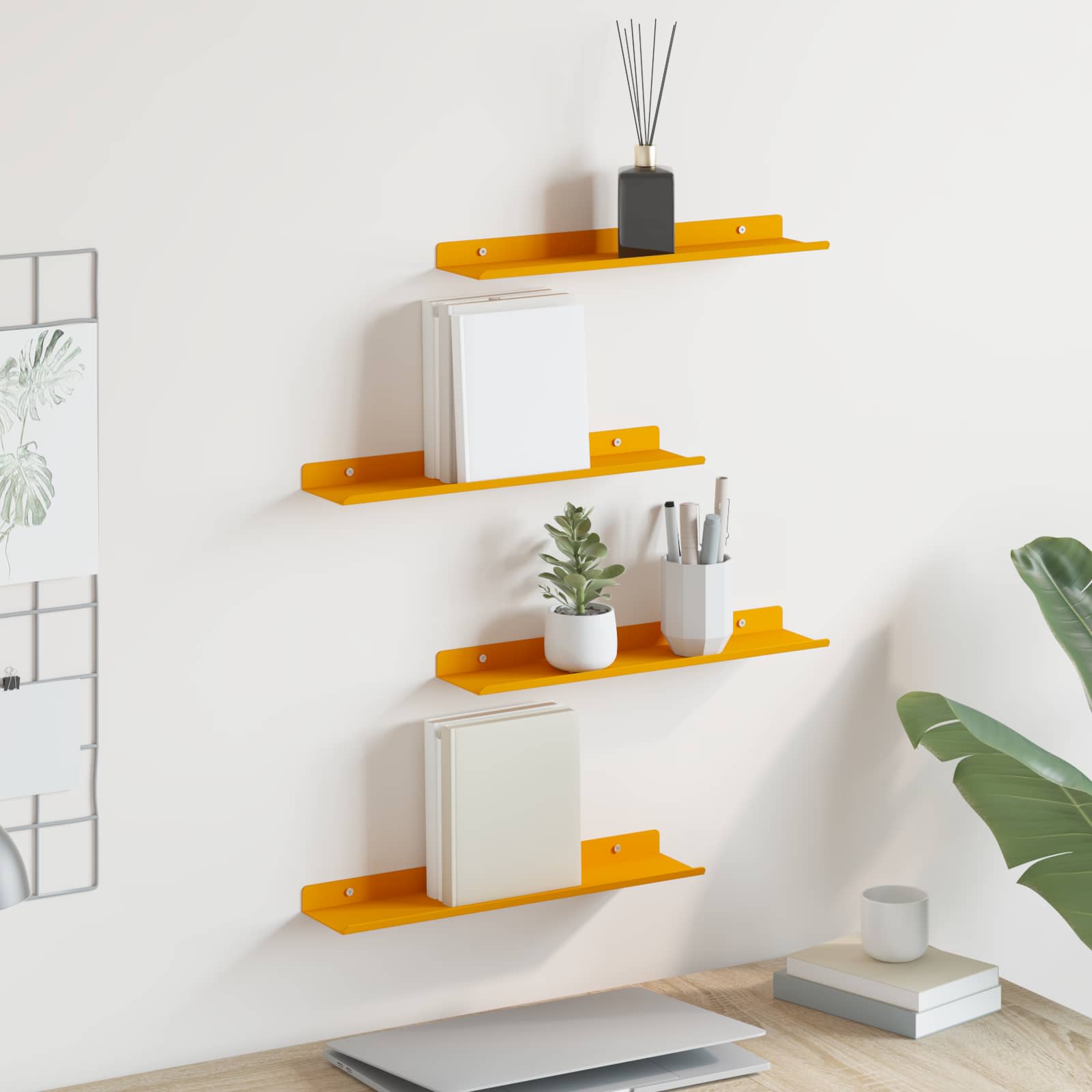 Vegghylle med hylle 4 pcs Sennepsgul 40 x 9 x 2,5 cm vidaXL