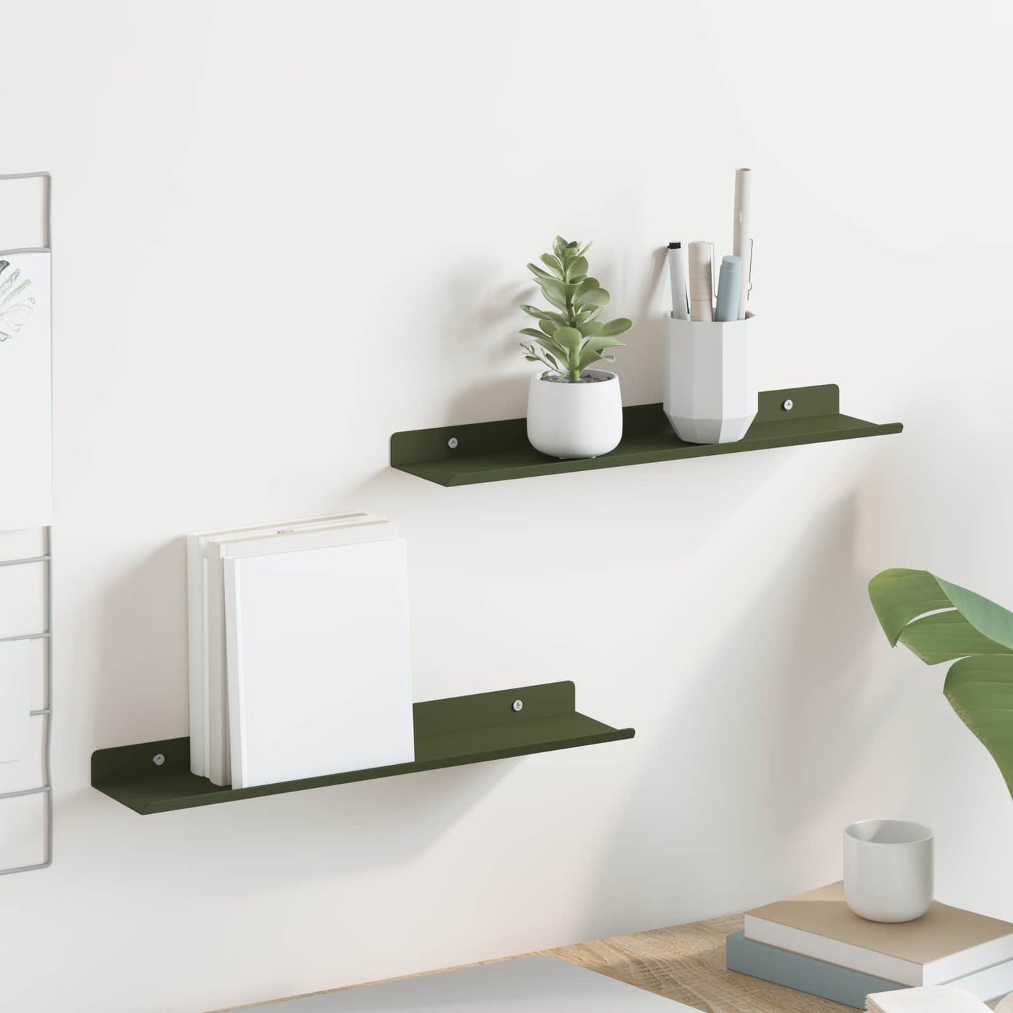 Vegghylle med hylle 2 pcs Olivengrønn 40 x 9 x 2,5 cm vidaXL