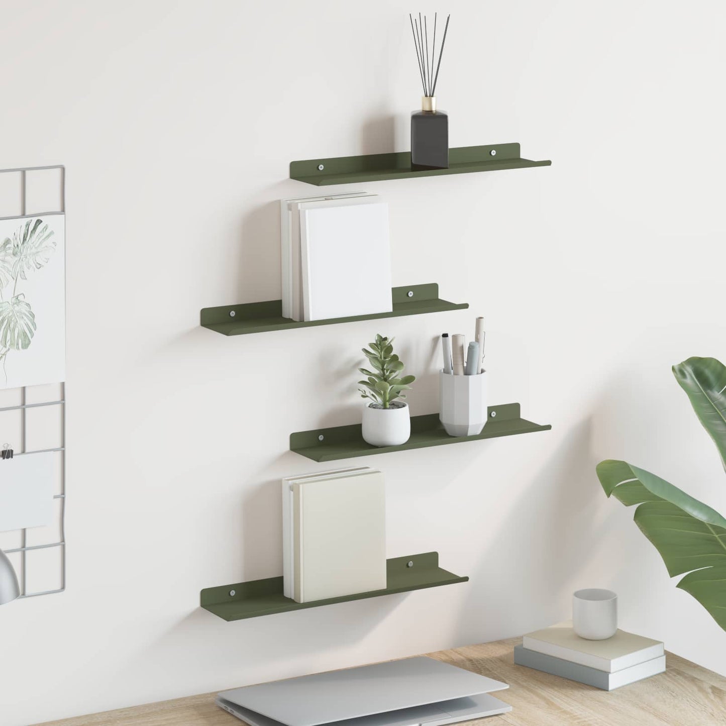 Vegghylle med hylle 4 pcs Olivengrønn 40 x 9 x 2,5 cm vidaXL