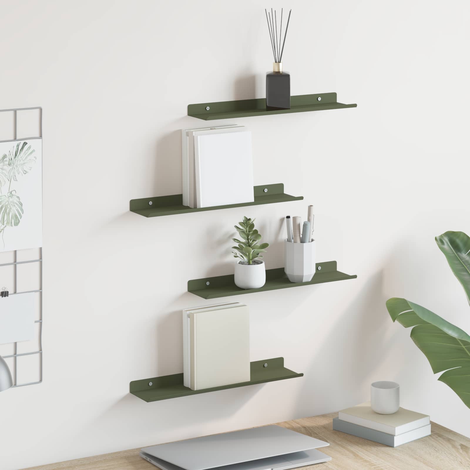 Vegghylle med hylle 4 pcs Olivengrønn 40 x 9 x 2,5 cm vidaXL