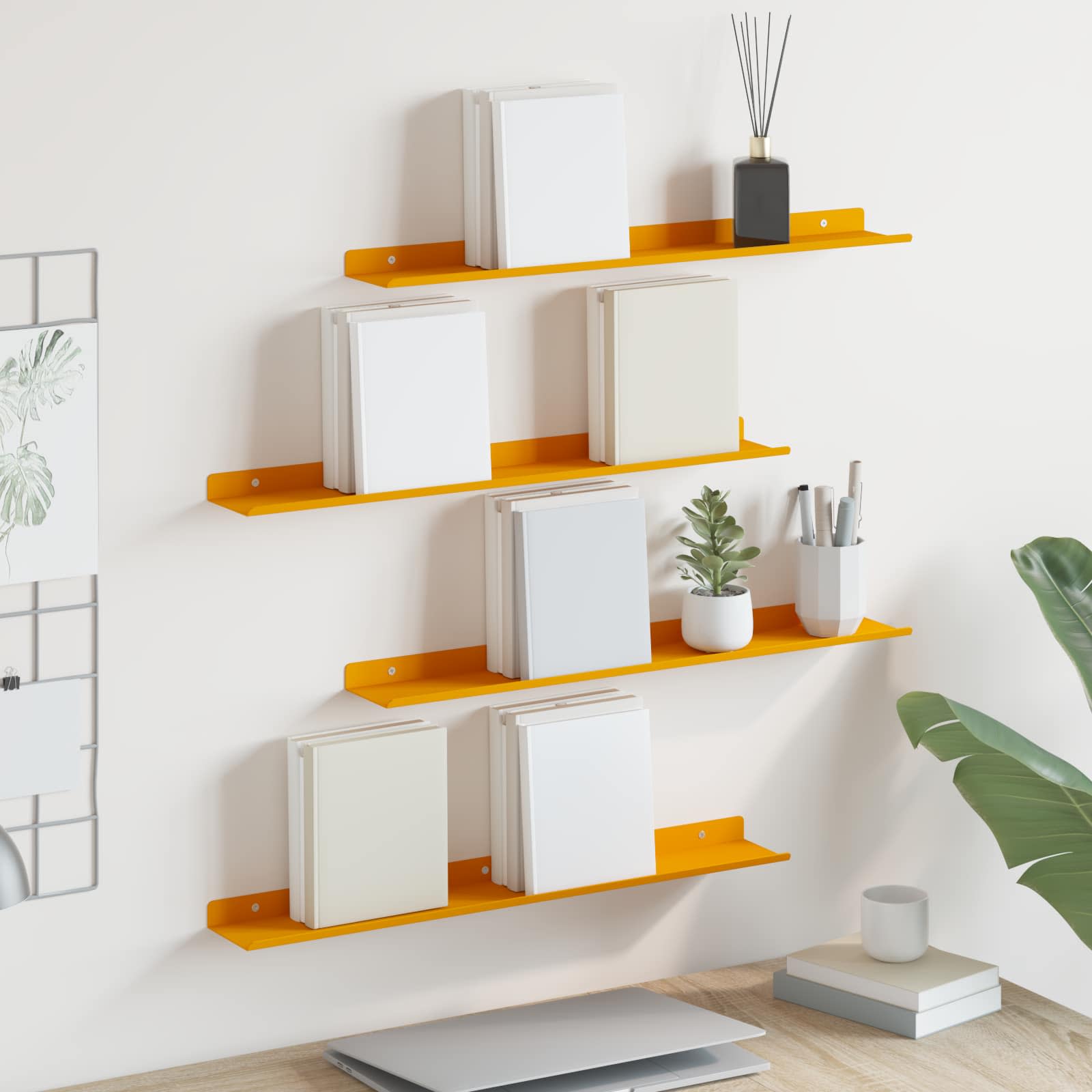 Vegghylle med hylle 4 pcs Sennepsgul 60 x 9 x 2,5 cm vidaXL