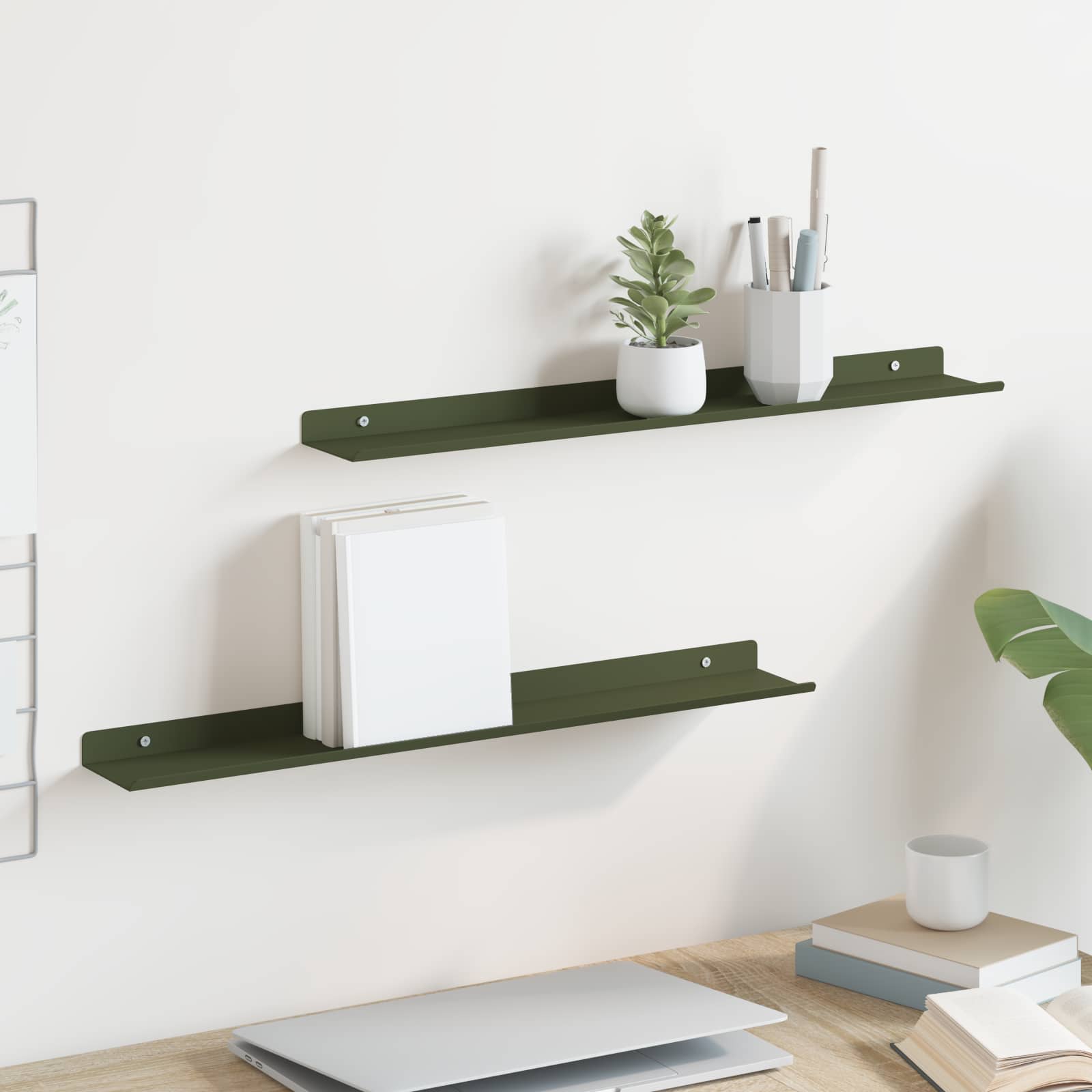 Vegghylle med hylle 2 pcs Olivengrønn 60 x 9 x 2,5 cm vidaXL