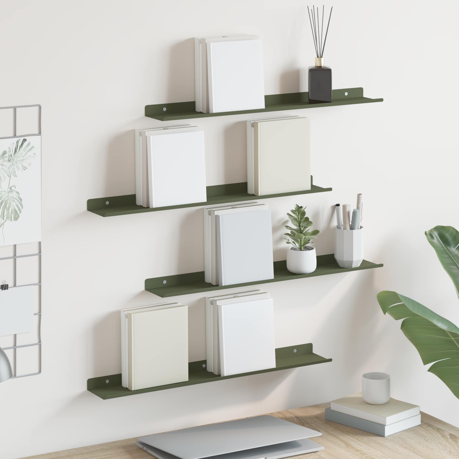 Vegghylle med hylle 4 pcs Olivengrønn 60 x 9 x 2,5 cm vidaXL