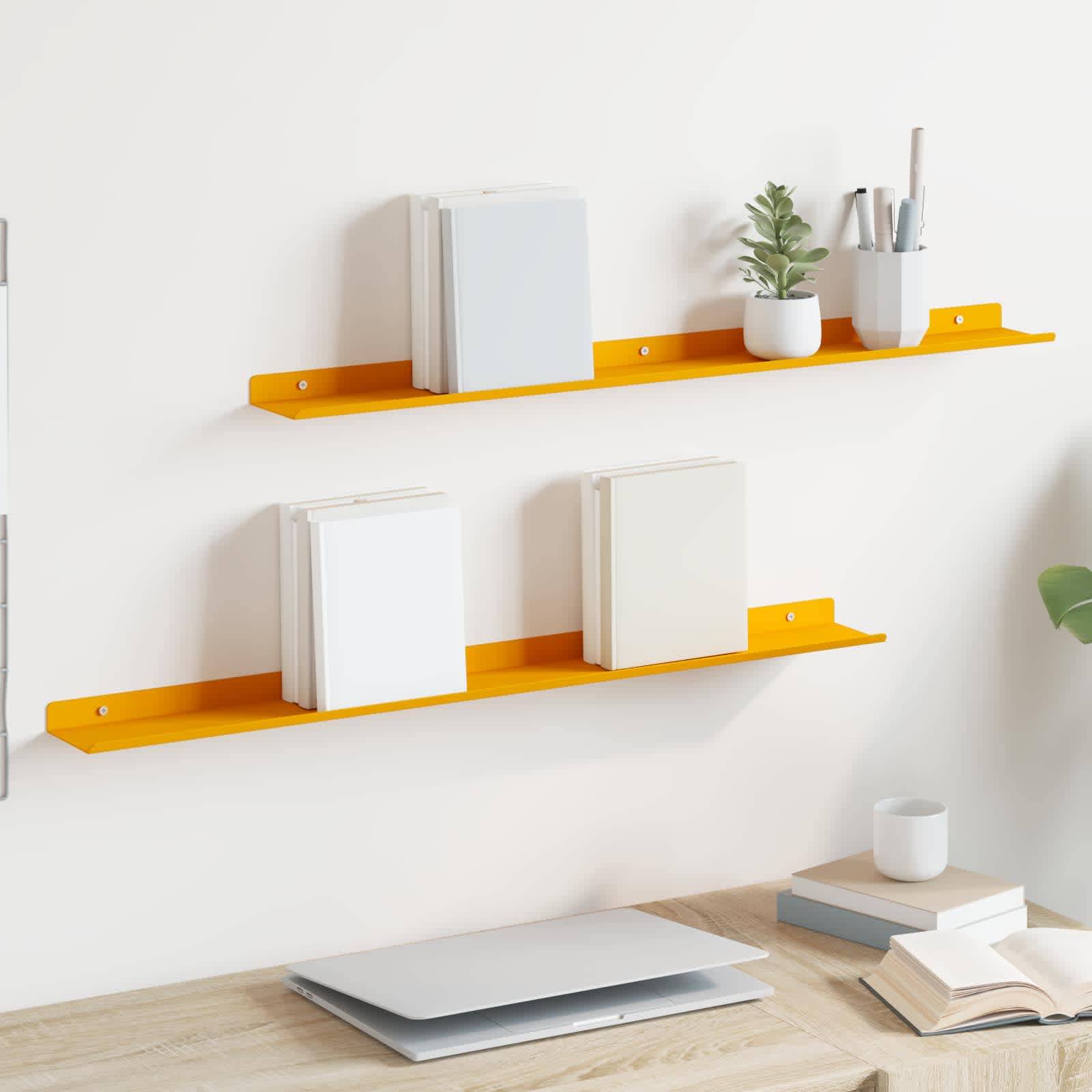 Vegghylle med hylle 2 pcs Sennepsgul 80 x 9 x 2,5 cm vidaXL